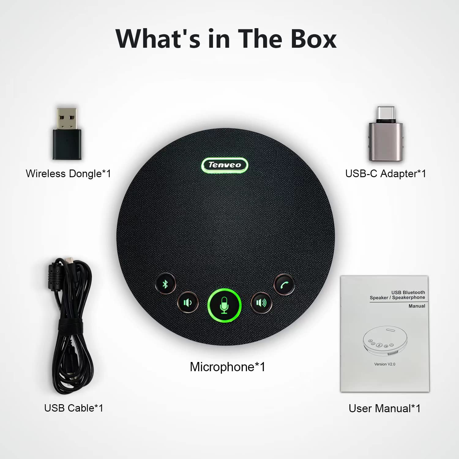 Tenveo Bluetooth/Wireless/USB Conference Speaker with Omnidirectional Microphone - Noise Cancelling Speakerphone for 10-12 People, 360° Voice Pickup for Zoom/Skype/Teams Online Meetings - Perfect for Home Office, Webinars & Conference Calls