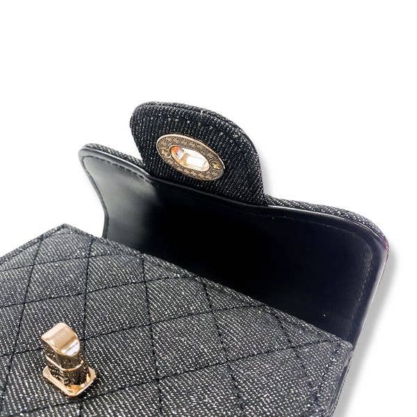 Sparkly Denim Quilted Crossbody Purse for Women - Stylish Black Evening Bag with Rhinestones, Perfect for Parties, Date Nights & Special Occasions