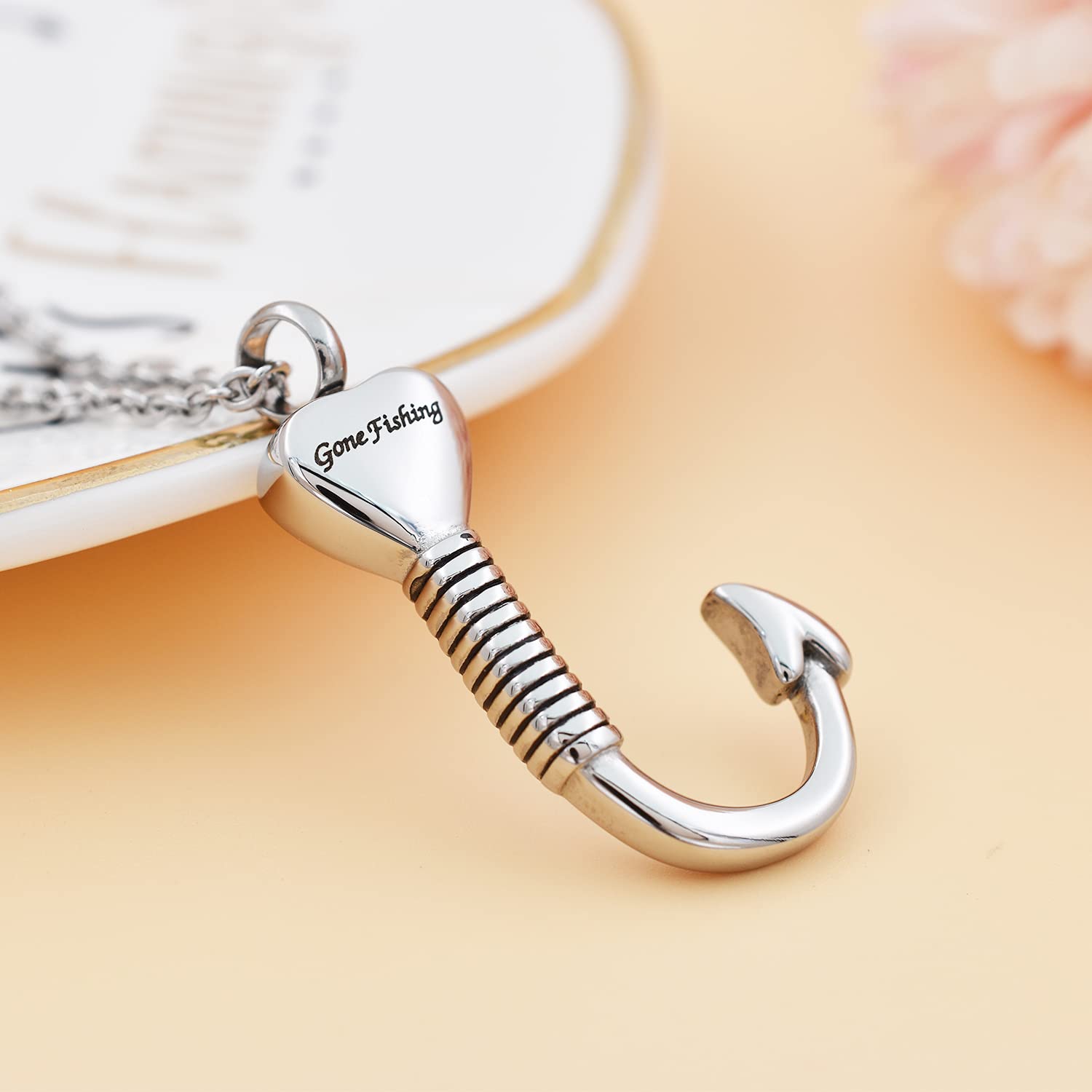 316L Stainless Steel Fish Hook Memorial Pendant - Cremation Jewelry for Ashes Keepsake - Fishing Enthusiast Tribute
