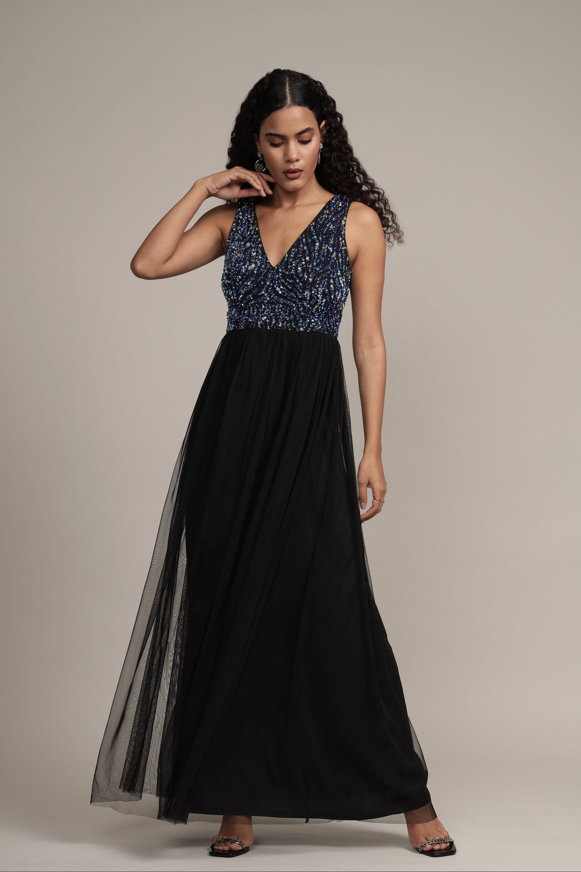 Ada Black Embellished Maxi Dress for Women - Elegant Evening Gown with Beaded Details, Formal Party Dress for Weddings, Prom, Cocktail Events & Special Occasions