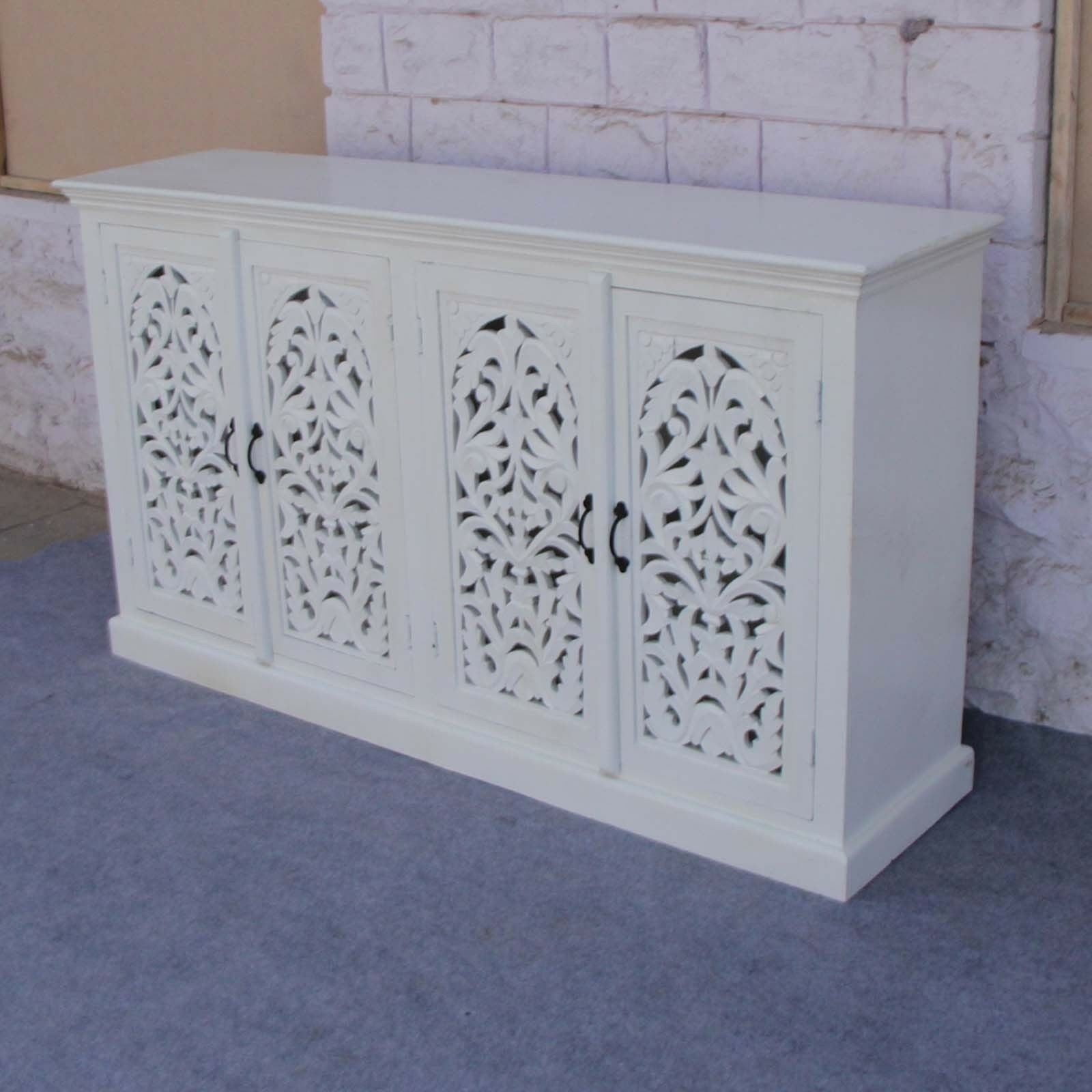 Hand Carved White Floral Jali Design Sideboard 160cm - Elegant Storage Solution for Living Room, Dining Room & Entryway