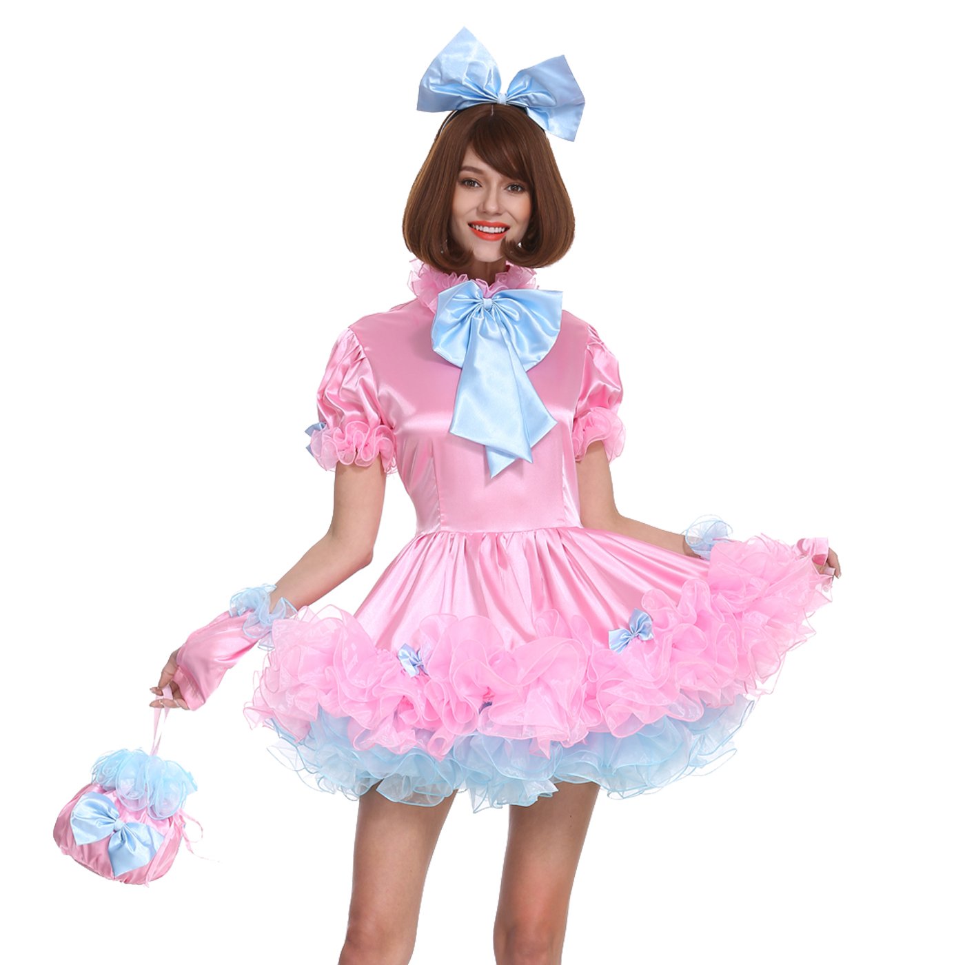 Lockable Pink Puffy Maid Dress for Women - Crossdress Uniform for Cosplay, Halloween & Role Play
