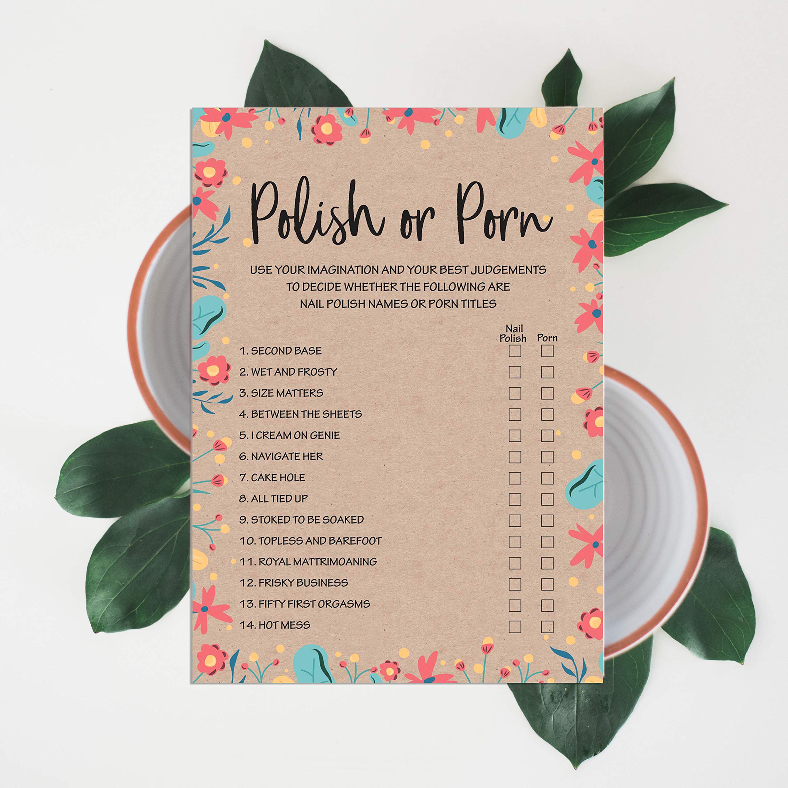 50-Pack Rustic Kraft Floral Bachelorette Party Cards - Bridal Shower Games, Polish or Porn Game Set for Wedding Celebrations & Girls' Night Activities