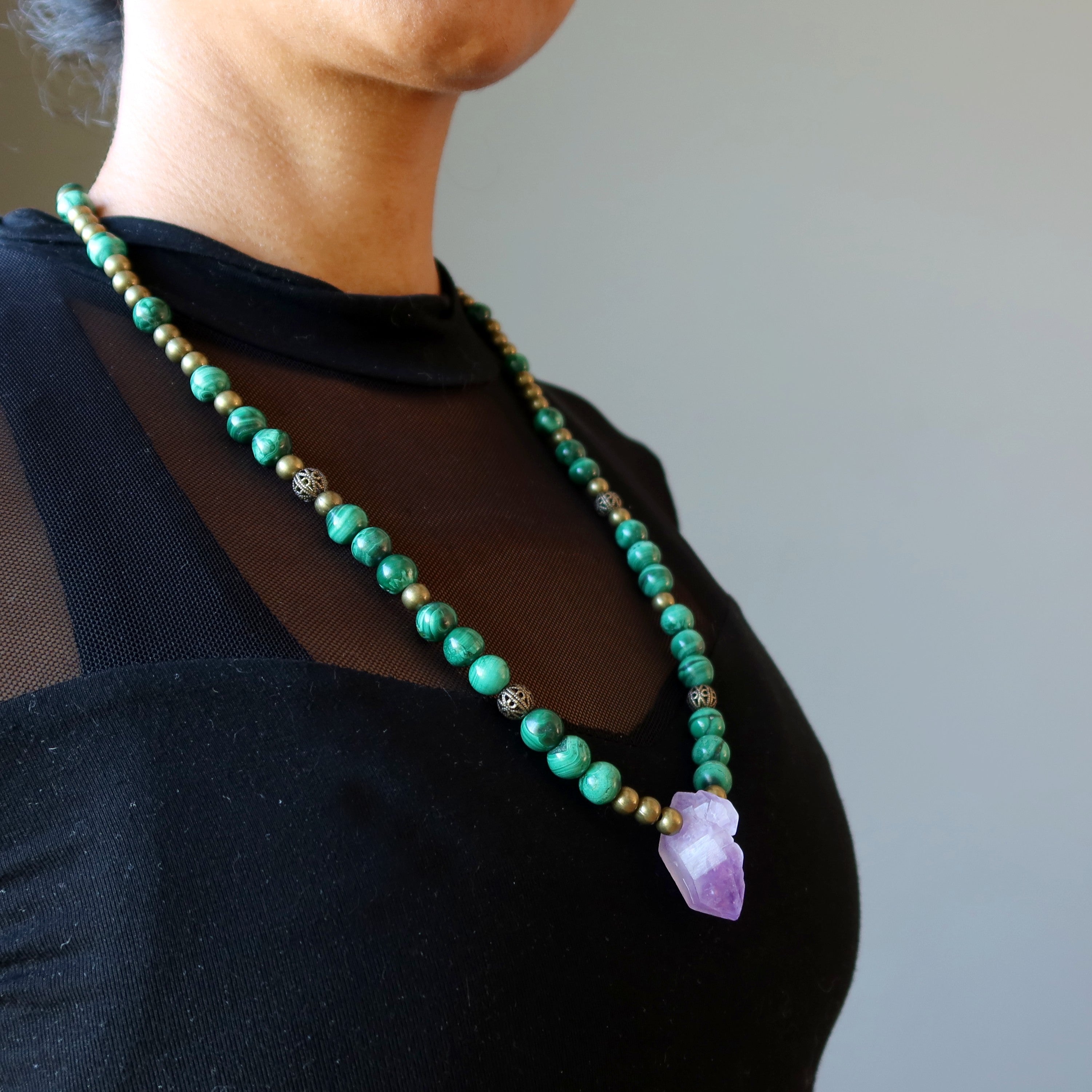 Amethyst and Malachite Crystal Necklace - Vintage Antique Style Jewelry for Women - Perfect for Gifts, Meditation & Spiritual Healing