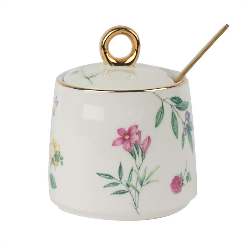 Vintage Ceramic Sugar Bowl with Lid & Spoon - Floral Bird Print Seasoning Storage Jar for Tea, Coffee, Baking & Kitchen Organization
