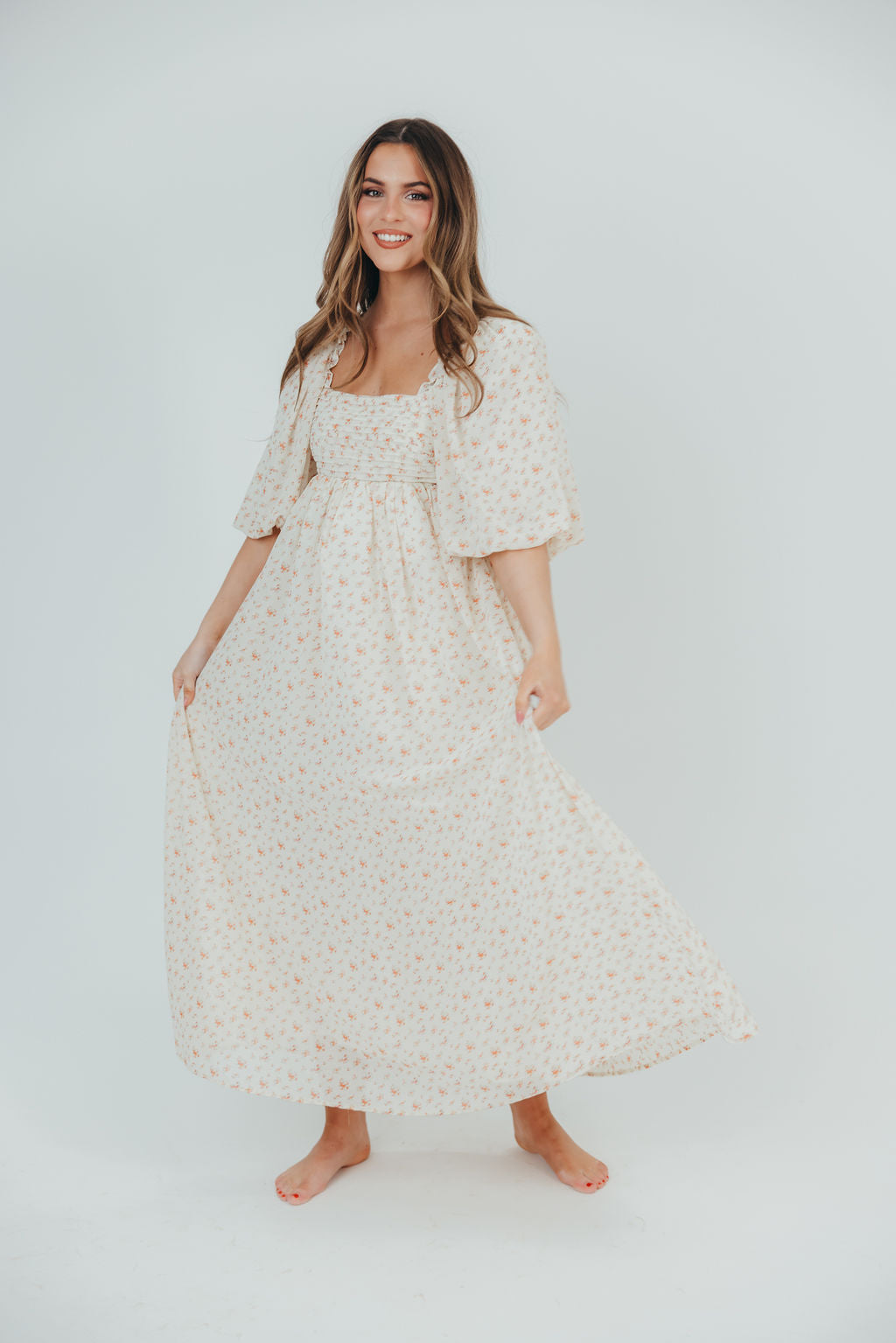 Melody Maxi Dress with Pleats & Bow Detail - Ivory Floral Print | Bump Friendly Maternity Dress | Inclusive Sizing S-3XL | Perfect for Weddings, Baby Showers & Summer Vacations