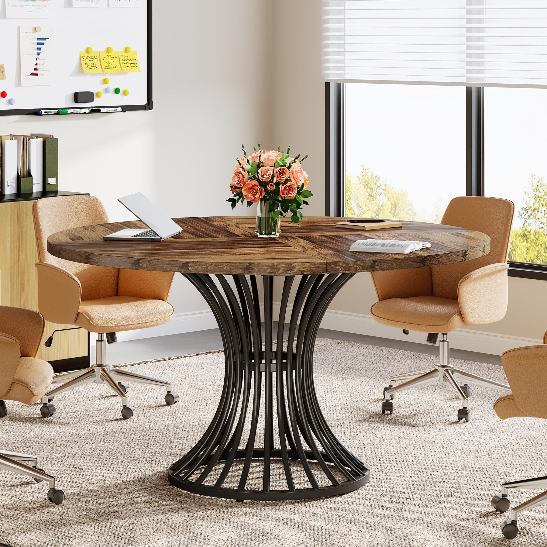 Tribesigns 47-Inch Round Conference Table for 4-6 People - Thickened Wood Tabletop & Sturdy Metal Base - Industrial Style Office Meeting Table in Rustic Brown - Perfect for Small Conference Rooms, Team Meetings & Collaborative Workspaces