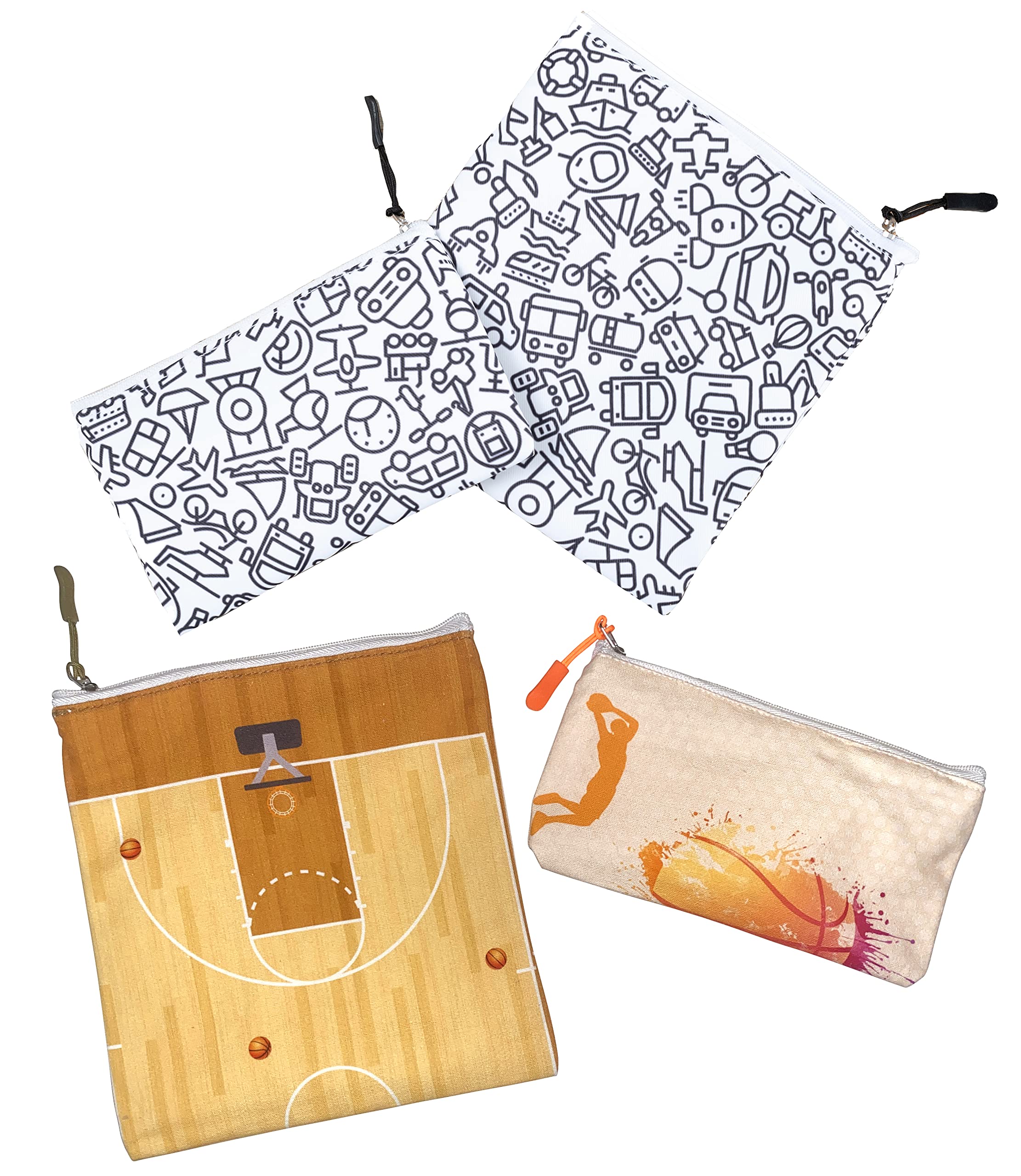 Eco-Friendly Reusable Snack & Sandwich Bags Set - 7x7 & 7x4 Inch Washable, BPA-Free Food Storage Bags for Kids (Basketball & Transportation Design 4-Pack) - Perfect for School Lunches, Picnics, and On-the-Go Snacks