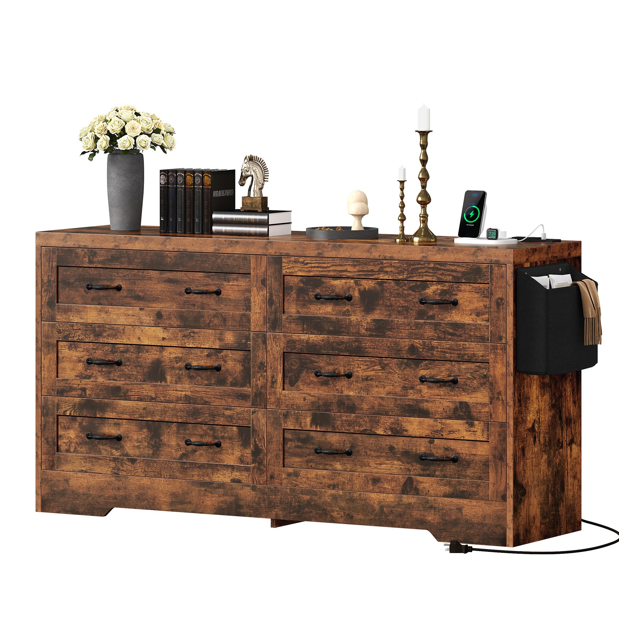 Modern Farmhouse 6-Drawer Dresser with Power Outlets - 59.5