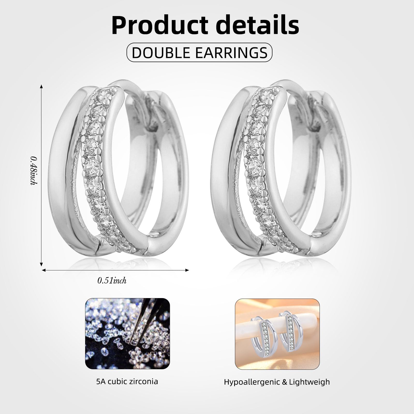 Hypoallergenic Small Huggie Double Hoop Earrings for Women - Dainty Silver Trendy Jewelry Gift for Everyday Wear & Special Occasions