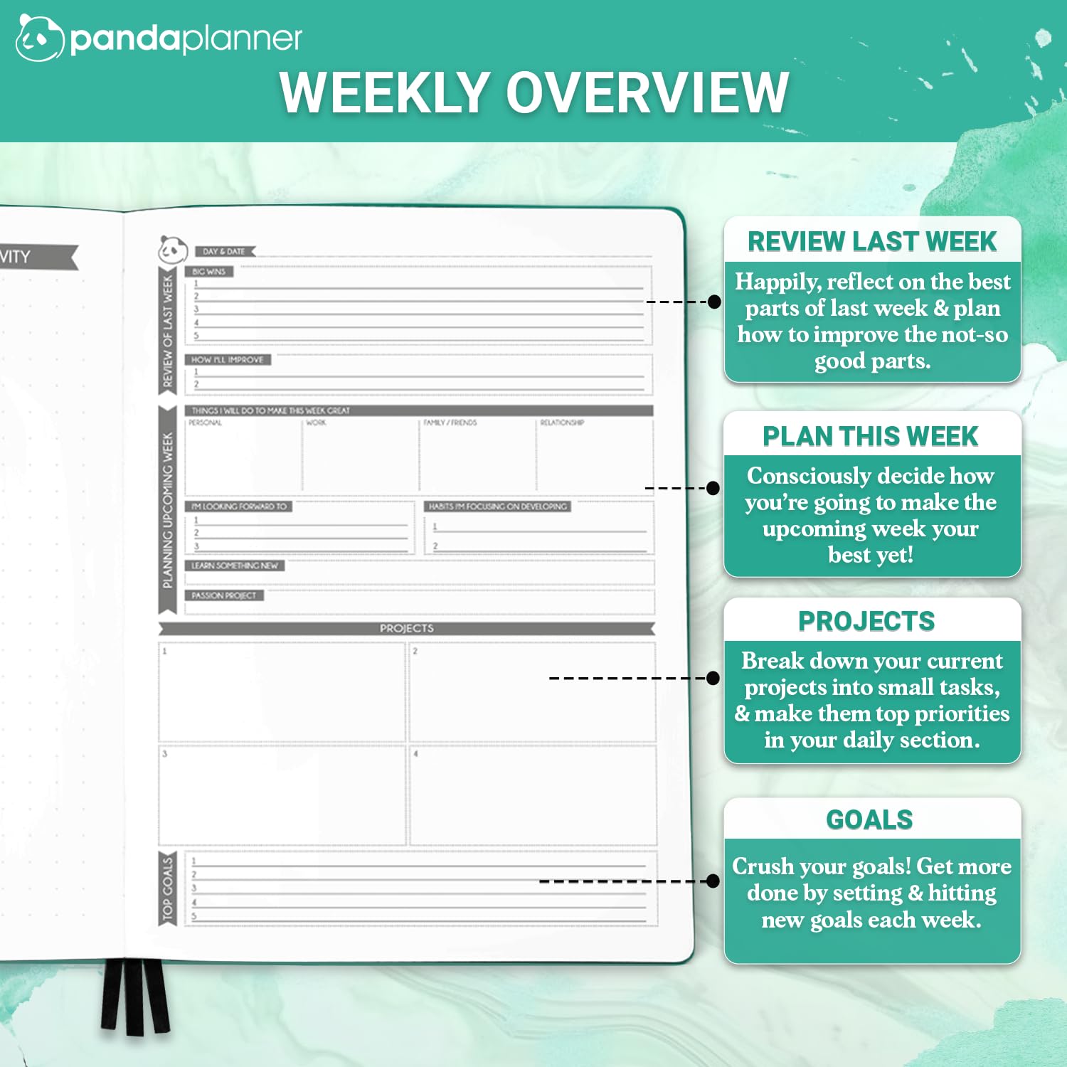 Panda Planner 2025 Undated Weekly Planner - 8” x 11” Productivity Notebook with Habit Tracker & To-Do Lists | 53 Weeks of Daily, Weekly & Monthly Planning | Perfect for Students, Professionals & Home Organization (Turquoise)