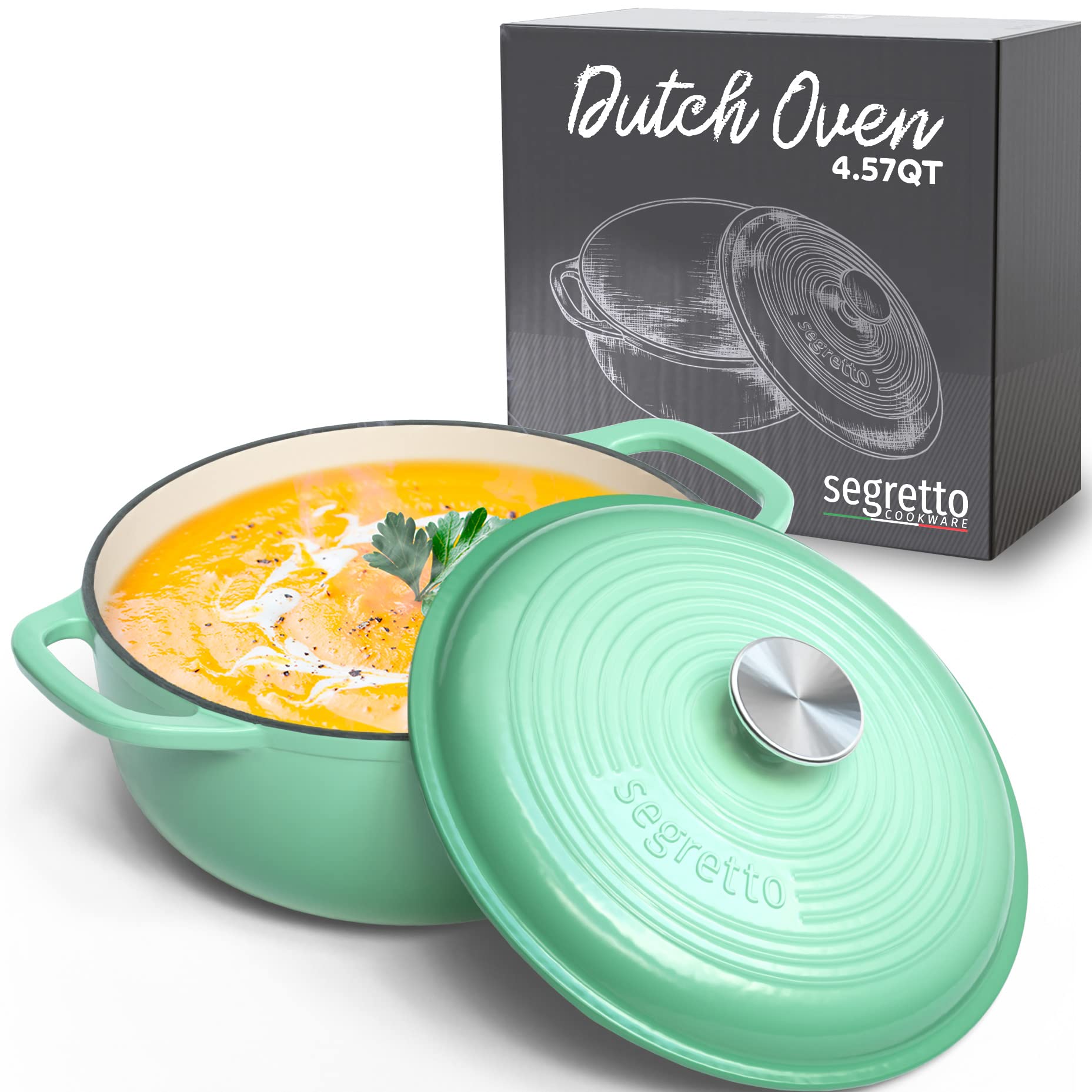 4.57 Qt Enameled Cast Iron Dutch Oven with Lid - Verde Chiaro (Gradient Green) - Oven & Stovetop Safe - Perfect for Baking Bread, Soups & Stews