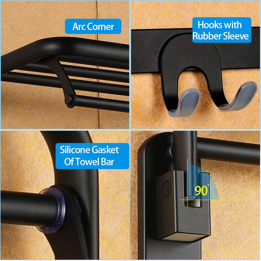 HOONEX Foldable Stainless Steel Towel Rack - 24 Inch Wall Mounted Bathroom Organizer with Adjustable Towel Bar & Hooks - Space Saving 304 Stainless Steel Towel Holder for Small Bathrooms, Laundry Rooms & RVs - Black