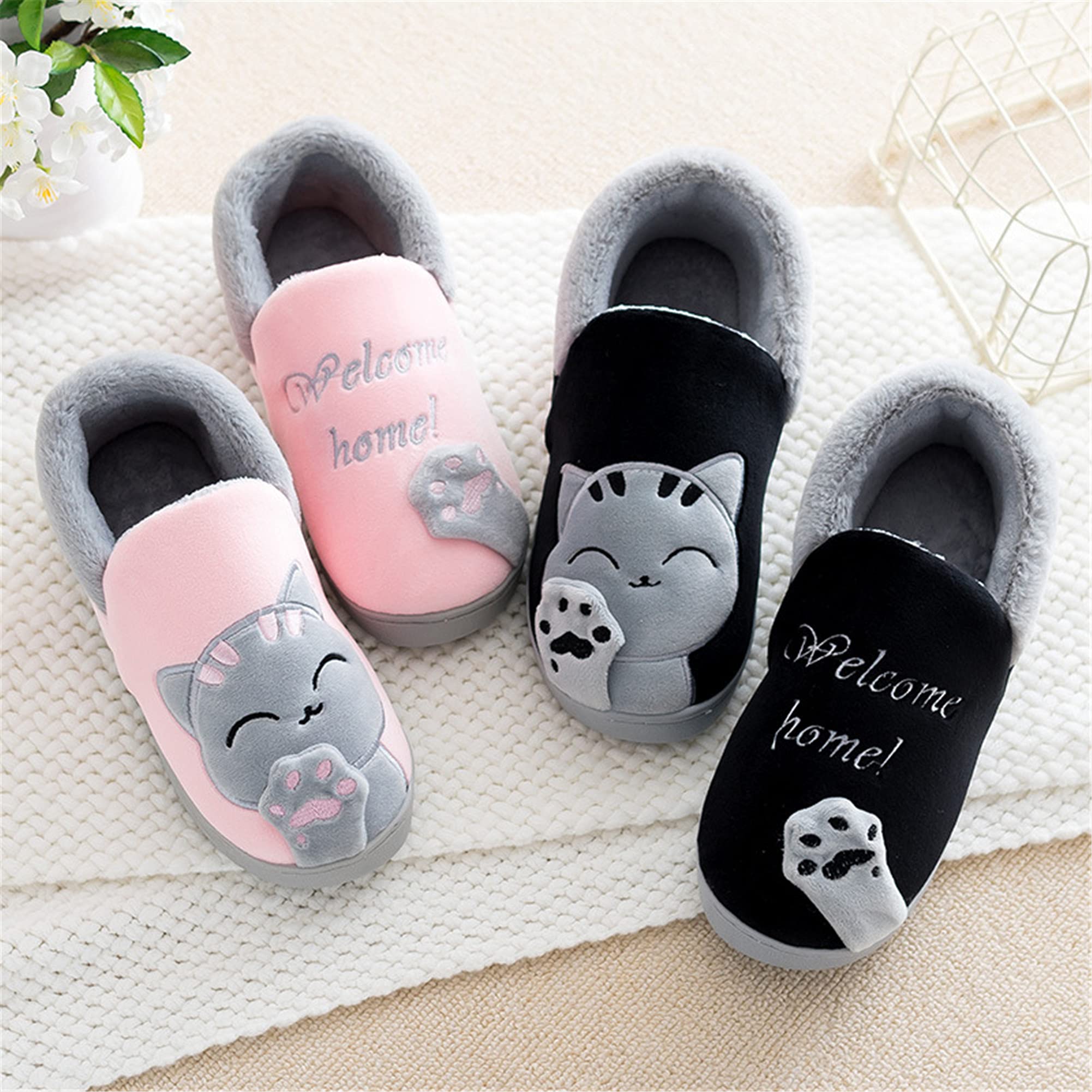 Cartoon Cat Slippers for Women & Men - Plush Winter House Shoes with Soft Cotton Lining - Warm & Comfortable Indoor/Outdoor Slippers for Home, Office, and Travel
