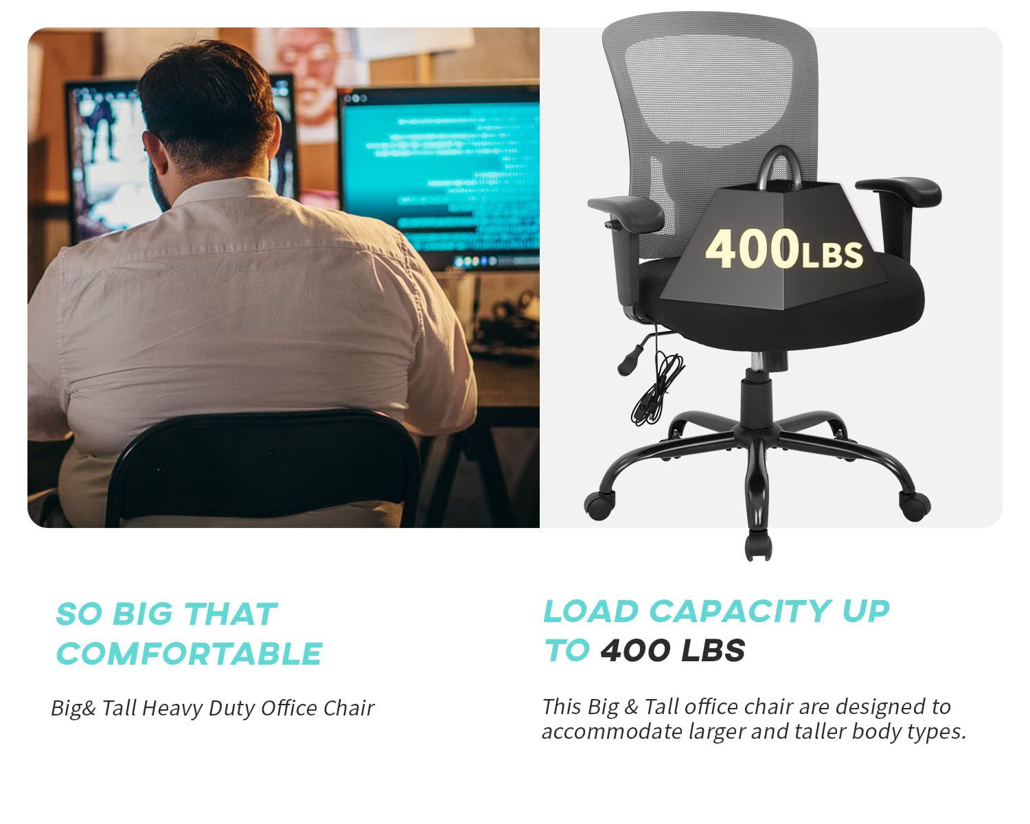 Big and Tall Office Chair 400lbs - Ergonomic Mesh Computer Desk Chair with Lumbar Support, Wide Seat & Adjustable Arms - High Back Executive Swivel Rolling Task Chair for Home Office (Grey) - Perfect for Long Work Hours & Heavy-Duty Use