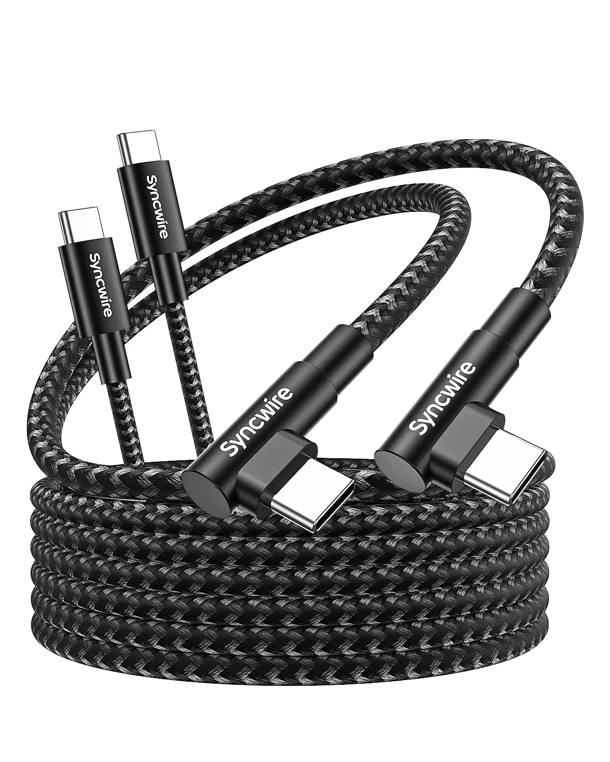 SYNCWIRE 2 Pack 6.6ft USB C to USB C Fast Charging Cable - 60W Nylon Braided Right Angle Type C Cord for iPhone 15 Series, Samsung Galaxy S24, iPad, MacBook - Perfect for Home, Office & Travel Charging (Black)