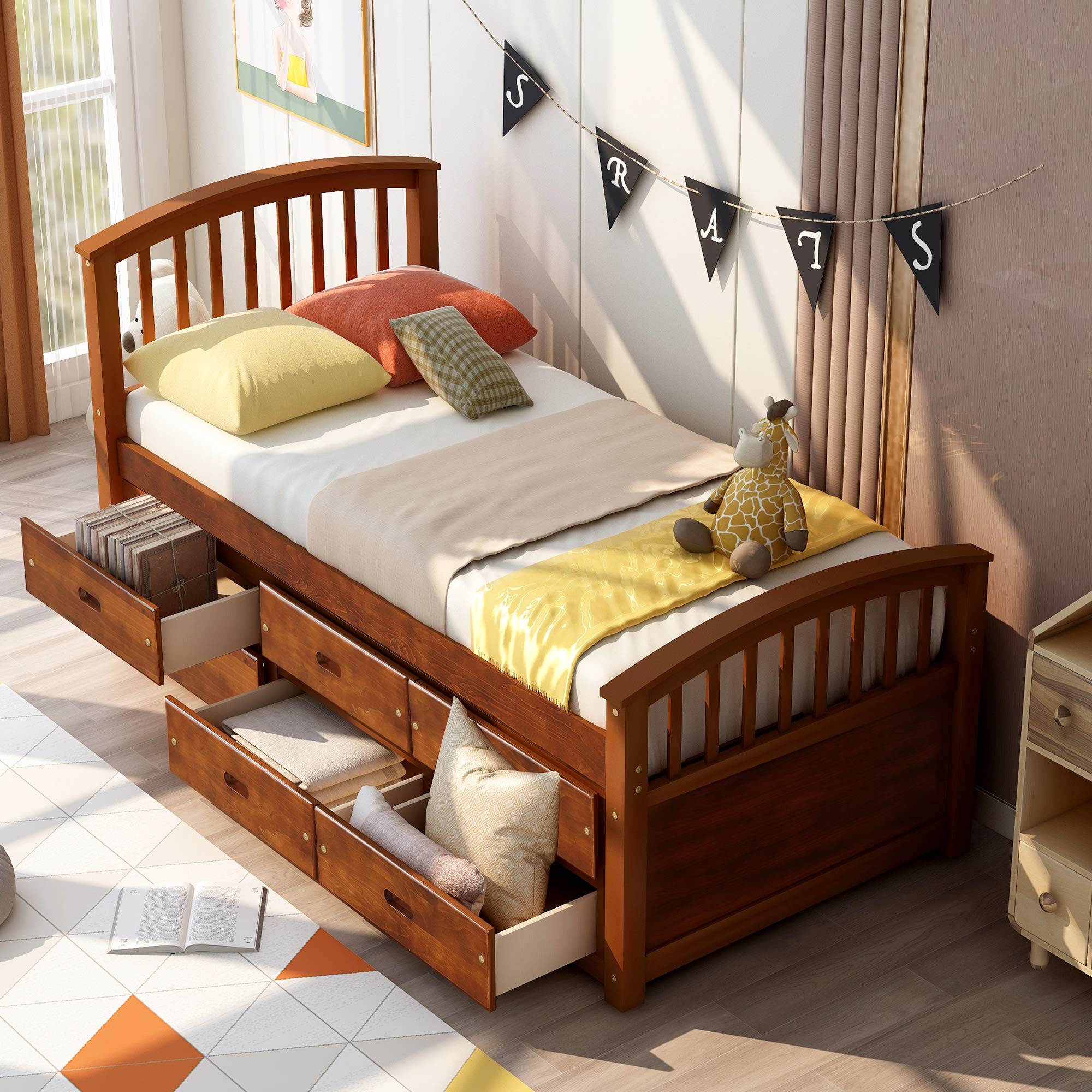 SOFTSEA Twin Size Wooden Platform Bed with 6 Storage Drawers, Headboard & Footboard - No Box Spring Needed, Kids Captain Bed in Walnut Finish | Perfect for Small Bedrooms, Guest Rooms & Kids' Rooms with Limited Space