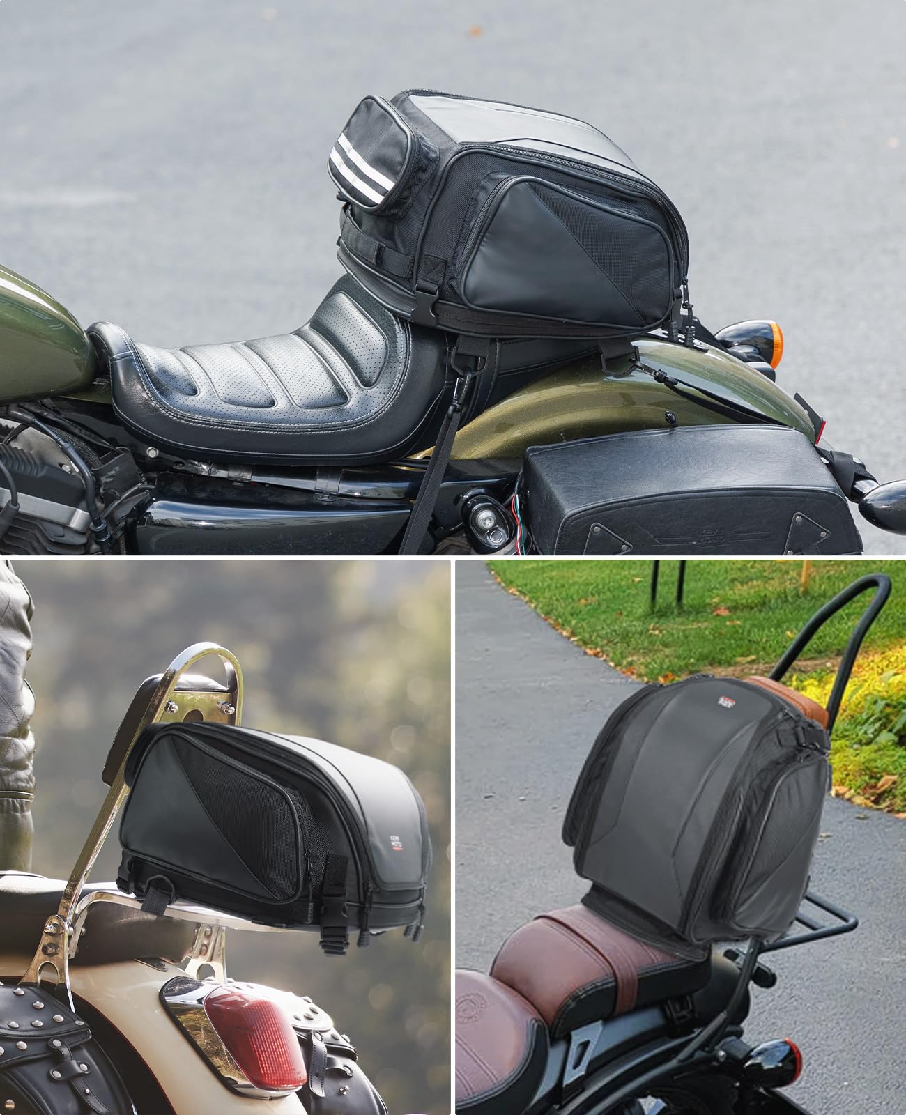 KEMIMOTO 18-22L Expandable Waterproof Motorcycle Tail Bag - Sissy Bar Luggage Seat Travel Rear Rack Bag for Harley Sportster, Softail, Dyna, Touring & Honda Shadow, Kawasaki Vulcan - Perfect for Long Rides, Commuting & Adventure Touring