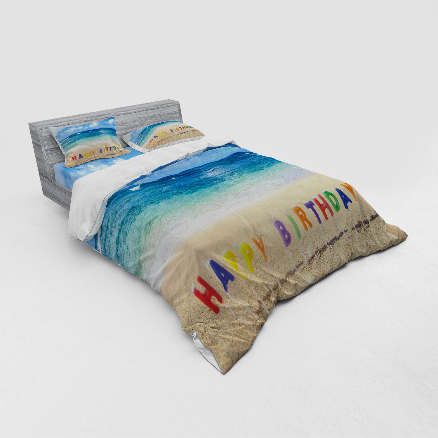 Ambesonne Tropical Beach Birthday Bedding Set - Queen Size 4-Piece Duvet Cover with Shams & Fitted Sheet - Hawaiian Themed Happy Birthday Decor for Bedroom Parties & Surprise Celebrations