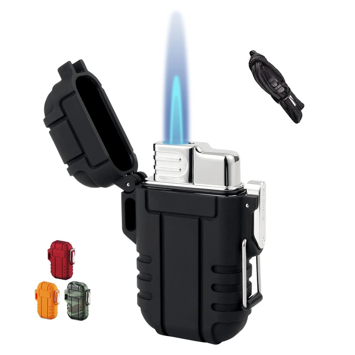 Premium Torch Lighter - Adjustable Butane Lighter with Safety Lock & Keychain, Windproof Refillable Lighter for Camping, BBQ, Fireplace, Cigars & Outdoor Use - Ideal Men's Gift (Black, Gas Not Included)