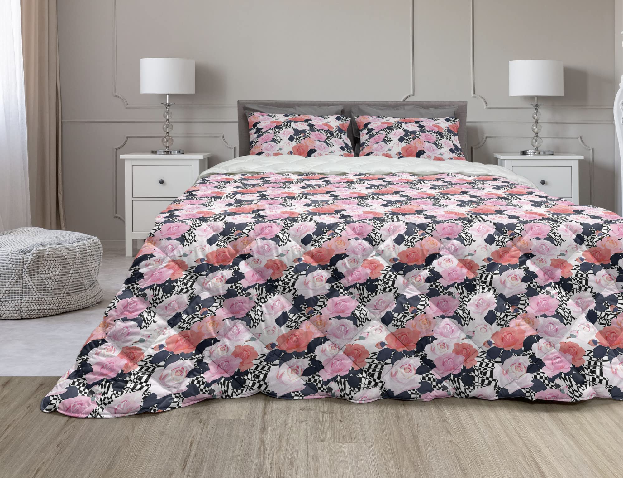 Ambesonne Floral Comforter Set - Modern Rose Bouquet Duvet Cover with Geometric Pattern, 2-Piece Microfiber Bedding Set (Twin XL, Pale Pink Coral Grey) - Perfect for Guest Rooms, Master Bedrooms & Bohemian Style Decor