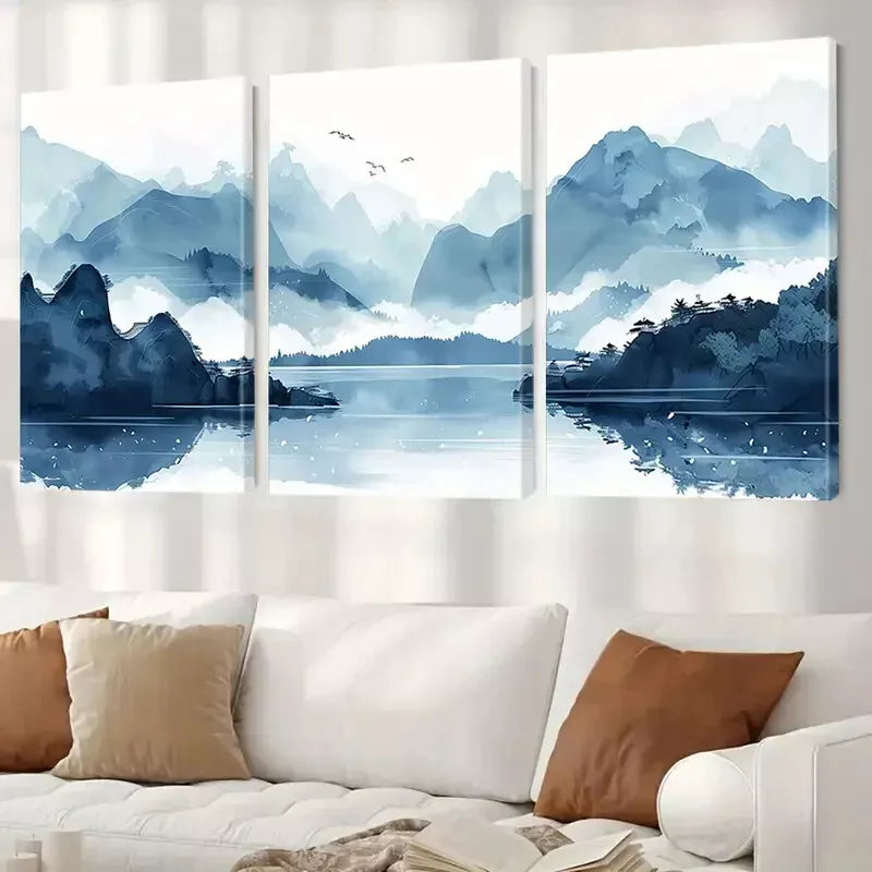 3-Piece Abstract Clouds & Misty Mountains Forest Wall Art Set - Framed Canvas 50x70cm (20x28in) - High Quality Australian Made Ready-to-Hang Home Decor for Living Room, Bedroom & Office
