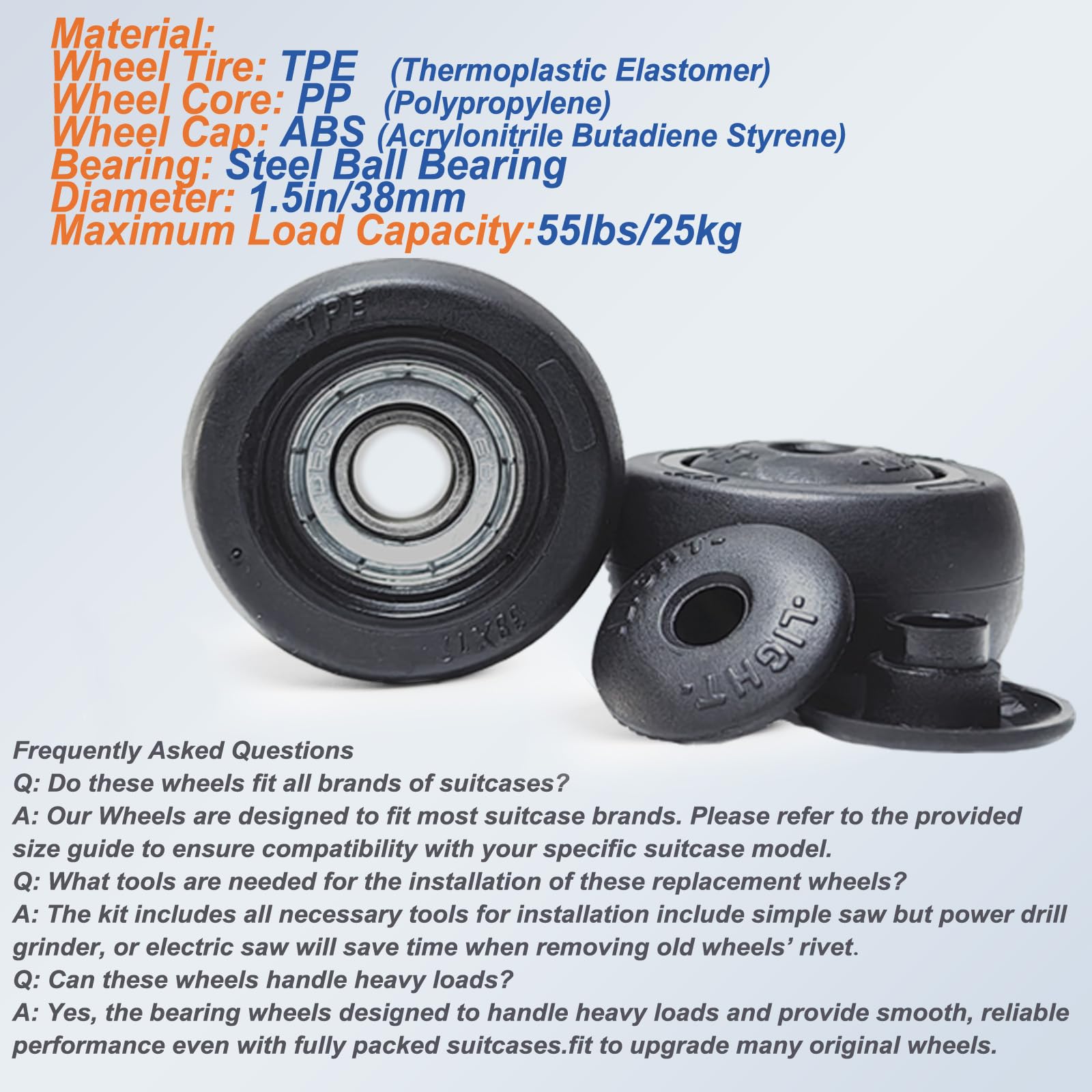 **1.5 Inch TPE Bearing Suitcase Wheels Replacement Kit - 4 Pack Smooth Spinner Rollers for Luggage, Trolley Bags - Durable & Quiet Travel Accessories for Airports, Hotels & Business Trips**
