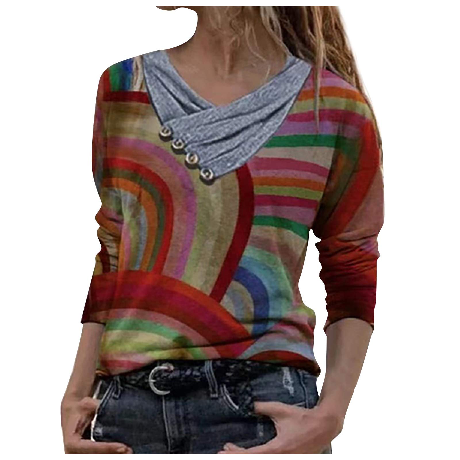 ZEFOTIM Women's Loose Fit V-Neck T-Shirt - Trendy Spring Tie Dye Long Sleeve Blouse with Embroidery Details | Casual Tunic Top for Everyday Wear, Office & Outings