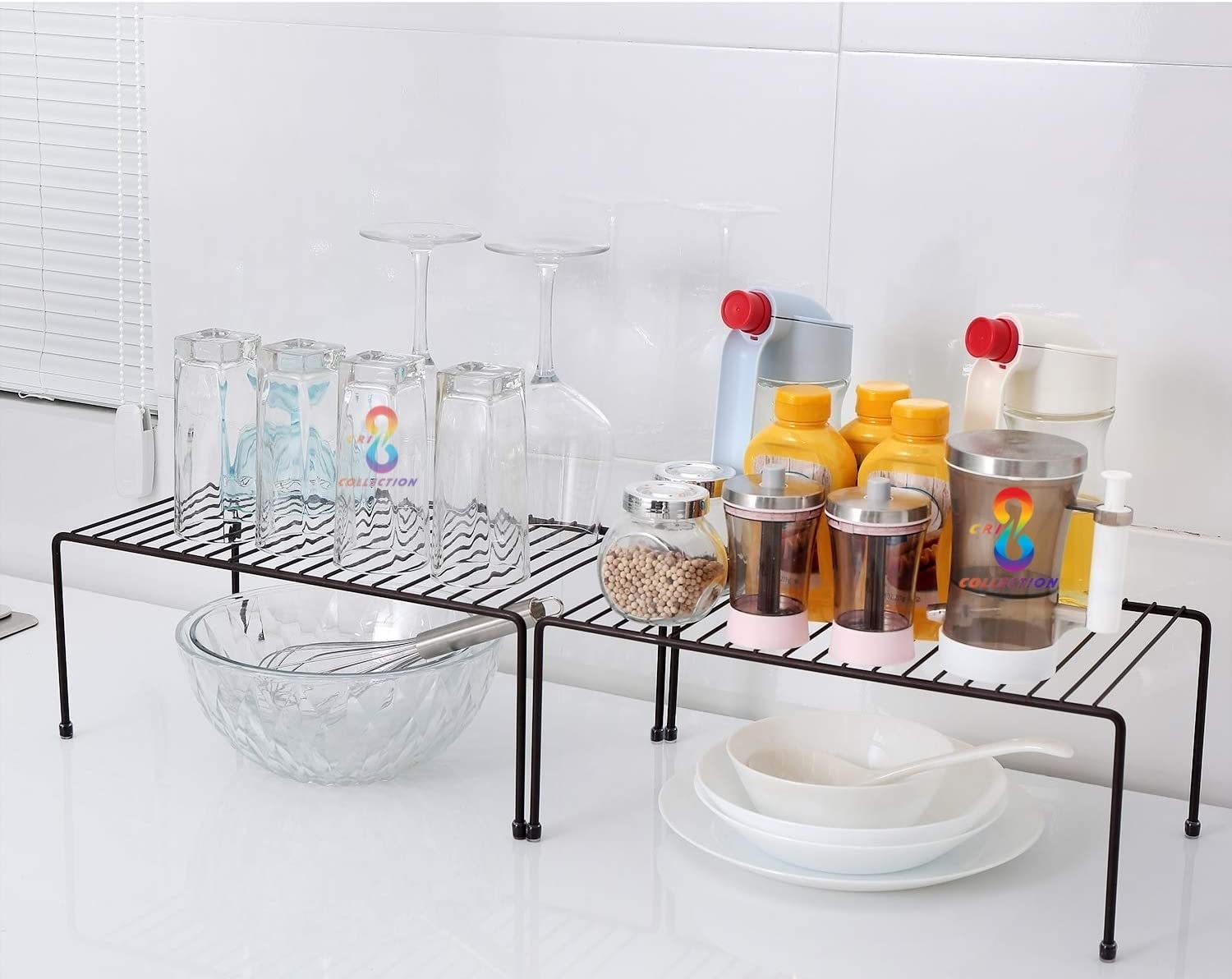 CR18 COLLECTION 6-Piece Black Stainless Steel Kitchen Organizer Set - Dish Rack, Storage Shelf, Plate Stand & Utensil Holder for Cabinets - Space Saving Solution for Small Kitchens & Apartments (Black, Pack of 6)