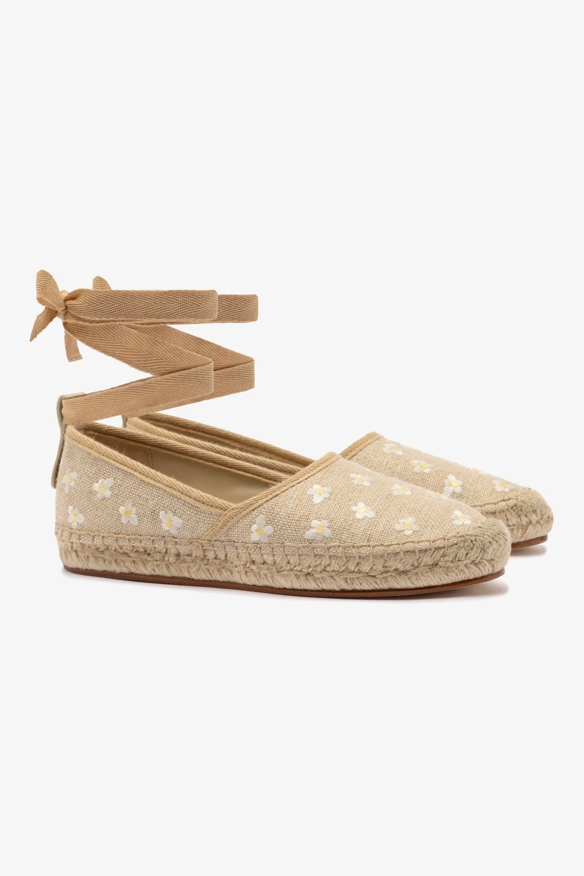 Letizia Espadrille Flat Shoes - Raw Linen & Daisy Embroidery | Comfortable Summer Sandals for Women | Perfect for Beach, Vacation & Casual Outings