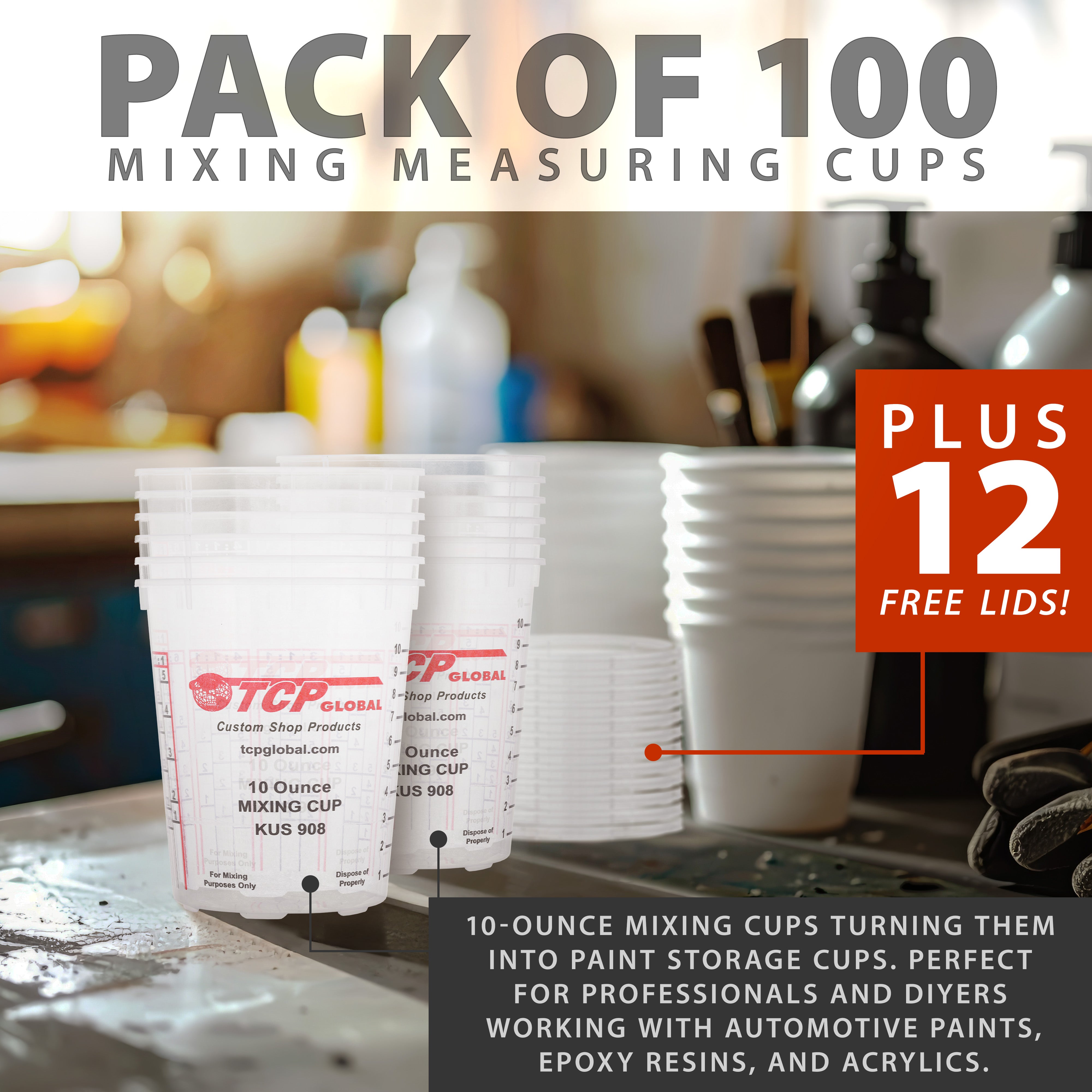 10oz Paint Mixing Cups (100-Pack) - Disposable & Reusable Plastic Measuring Cups for Automotive Painting, Epoxy Resin, Acrylic Arts & Crafts - Graduated with Mixing Ratios - Perfect for DIY Projects, Home Repairs & Professional Use