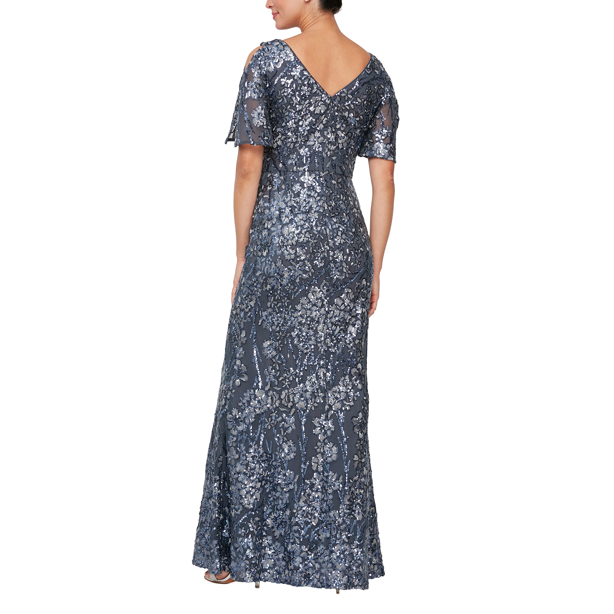 Alex Evenings Women's Long Sequin Mother of The Bride Dress with Cold Shoulder Flutter Sleeves - Formal Evening Gown for Weddings, Galas & Special Occasions (Petite & Regular Sizes)