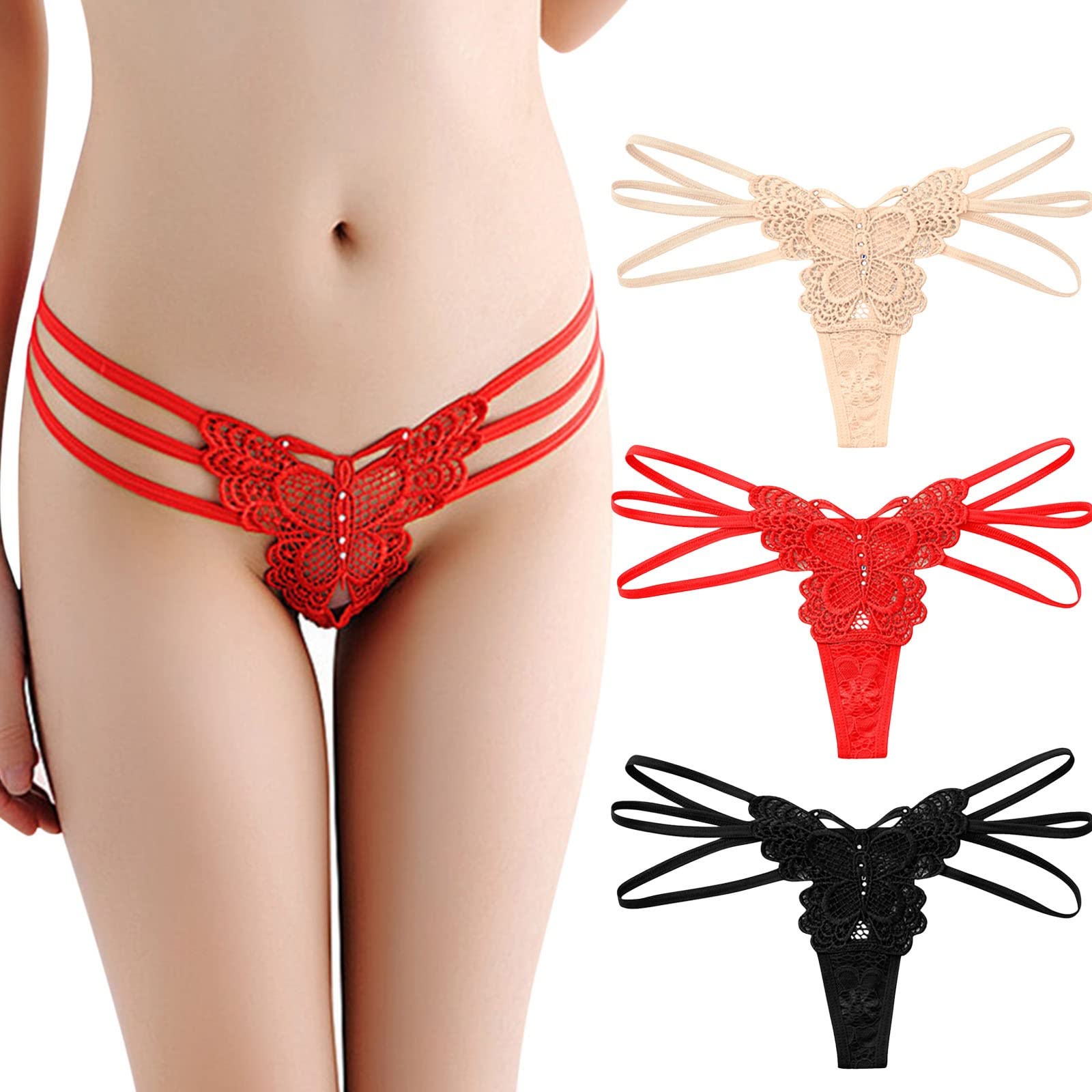 Sexy Lingerie Set for Women - 3 Piece Low Waist Transparent Lace Panties with Ribbon & Hollow Bow Thong | Valentine's Day, Anniversary Gift, Romantic Nightwear