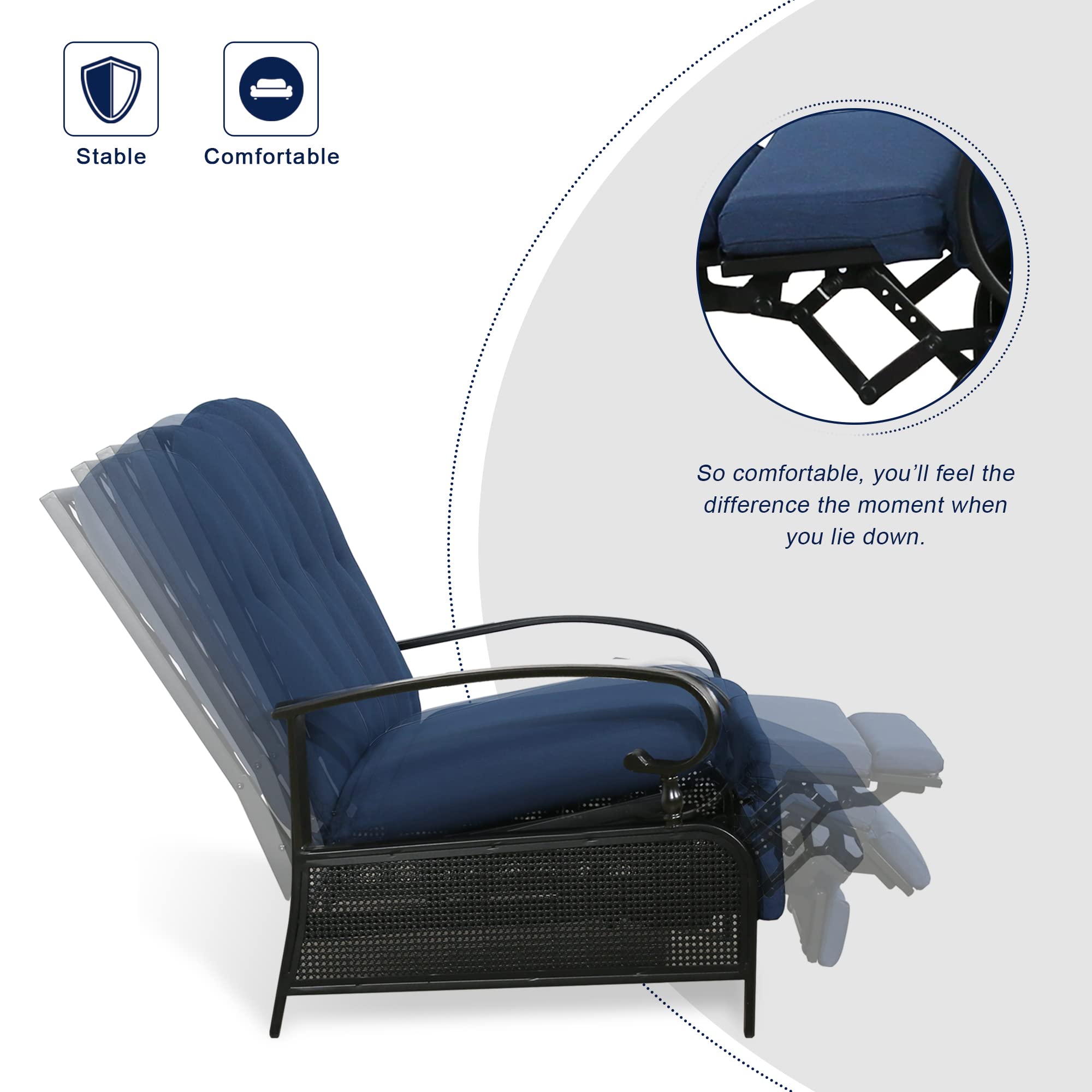 3-Piece Outdoor Patio Furniture Set with 2 Adjustable Reclining Chairs & Slatted Side Table - Navy Blue Cushions Included | Perfect for Backyard, Poolside & Garden Relaxation (IW147320)
