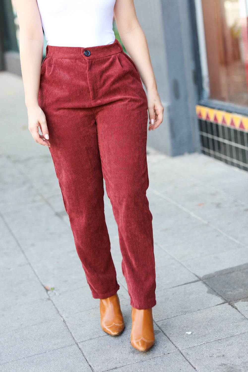Going Your Way Burgundy Corduroy High Rise Tapered Pants for Women - Stylish Fall Winter Casual Office Pants