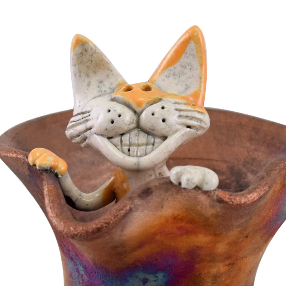 Handmade American Raku Pottery Vase with Playful Peekaboo Cat Design - Perfect for Boho Home Decor, Unique Gift & Living Room Centerpiece
