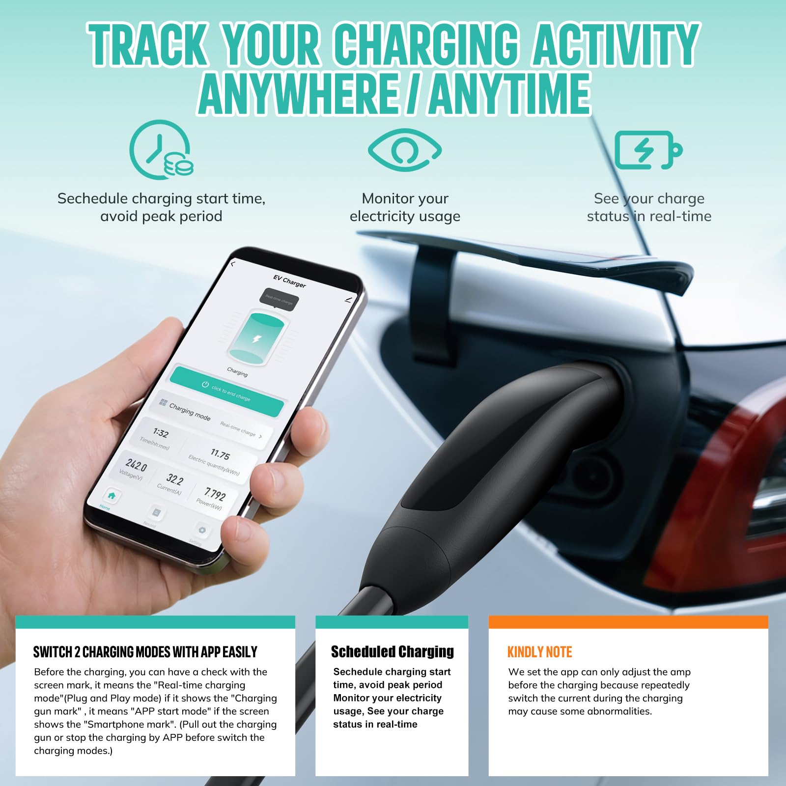 Level 1/2 Tesla Charger with WiFi APP Control - 16Amp, 240V NEMA 6-20 Plug & 120V NEMA 5-15 Adapter - 25ft ETL Certified Cord - Portable EV Charger for Tesla Model X/Y/3/S - Perfect for Home, Garage & Road Trips