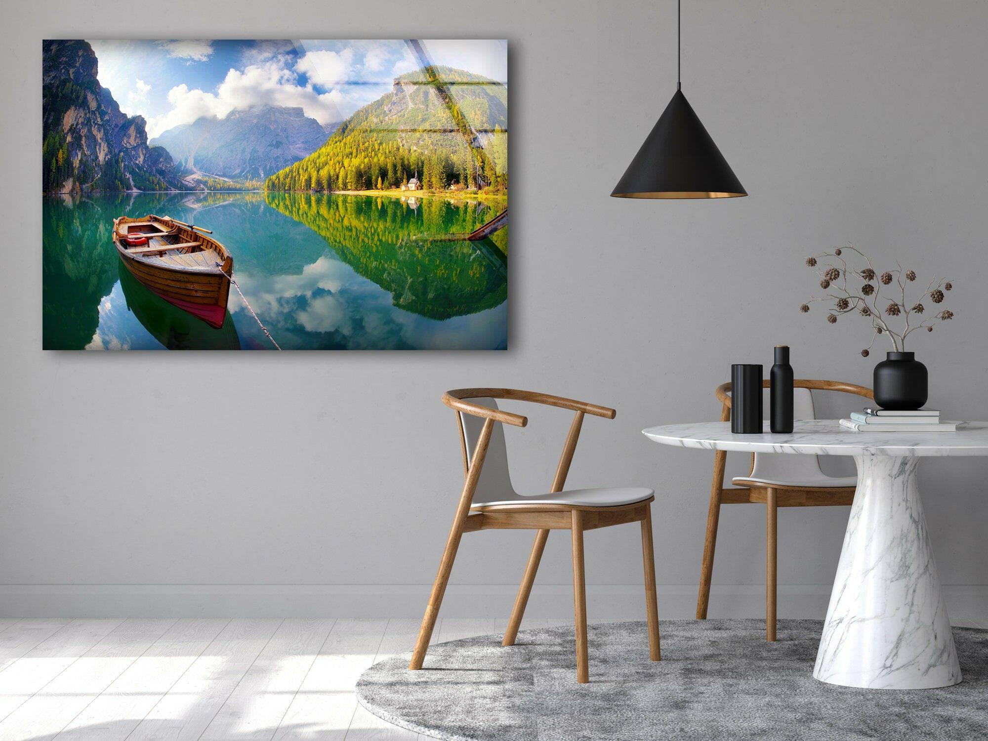 Autumn Boat on Lake Glass Wall Art - Handmade Landscape Painting for Home & Office Decor - Perfect for Living Room, Bedroom, or Office Wall Decor