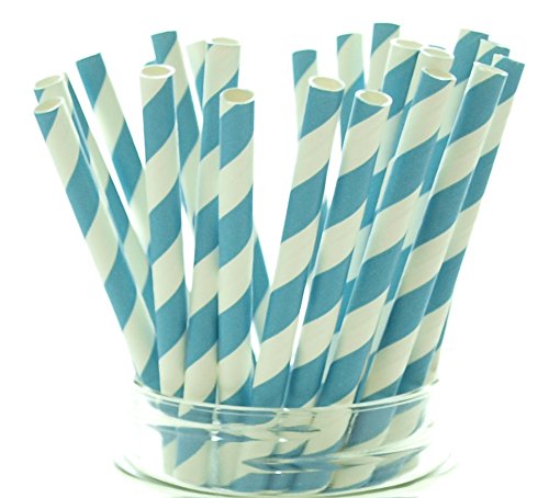 Eco-Friendly Aqua Blue Striped Paper Drinking Straws - 25 Pack Biodegradable Party Straws for Birthday, Wedding & Summer Drinks - Vintage Style Bulk Straws for Smoothies, Cocktails & Iced Coffee