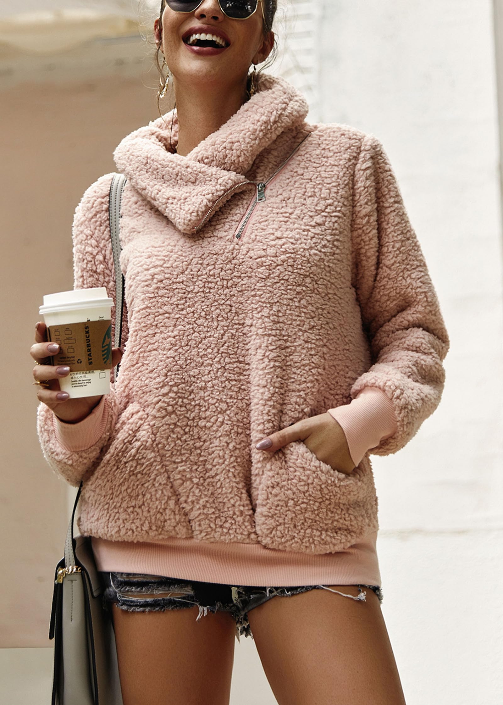 KIRUNDO Women's 2025 Winter Fleece Jacket with Faux Shearling Lapel & Zipper - Cozy Sherpa Pullover with Pockets for Cold Weather, Outdoor Activities & Casual Wear