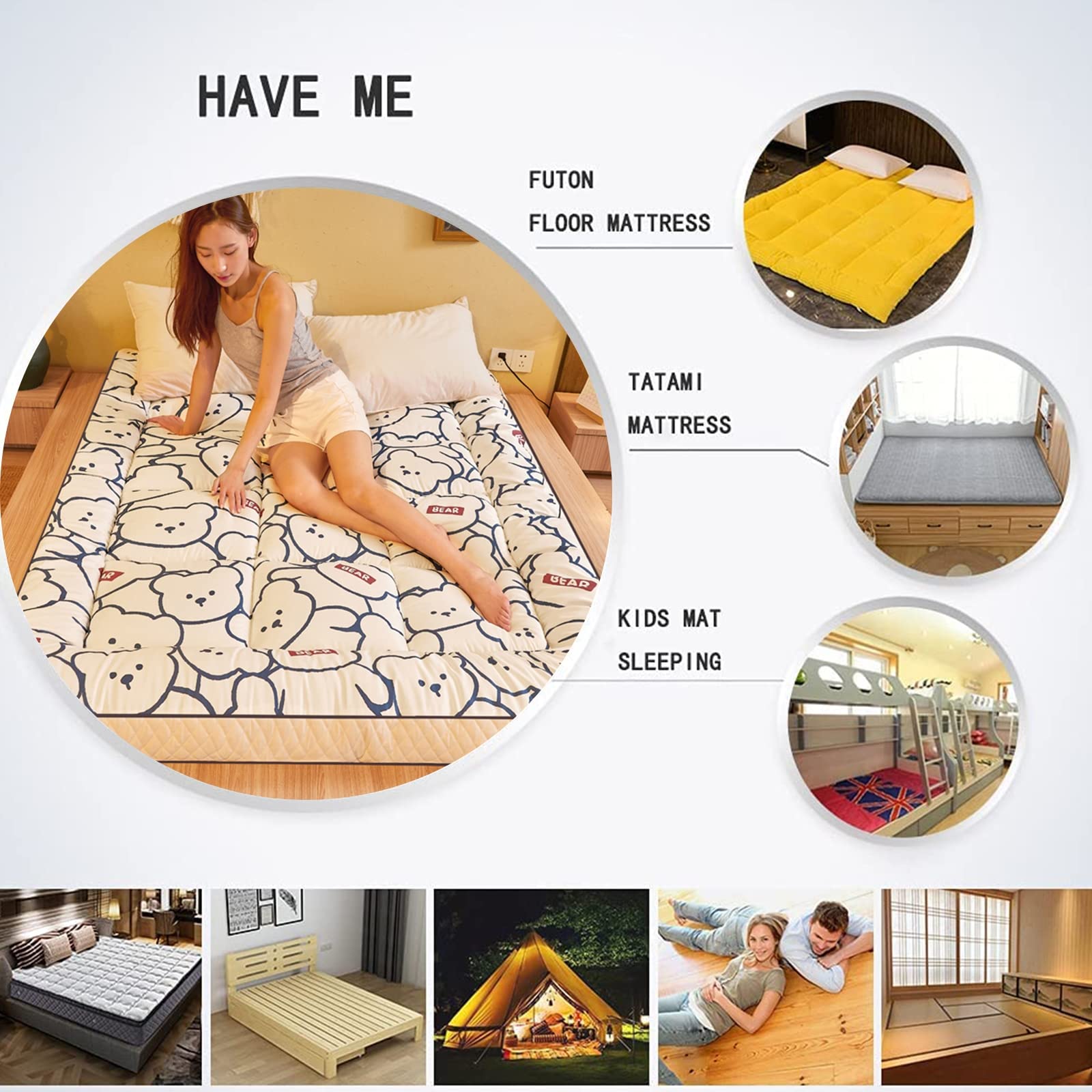 Thick Roll-Up Japanese Futon Mattress - Winter Quilted Floor Mattress & Portable Tatami Sleeping Pad for Camping, Guest Bed, Couch (150x200cm/59x79in) - Perfect for Small Spaces, Sleepovers & Outdoor Adventures