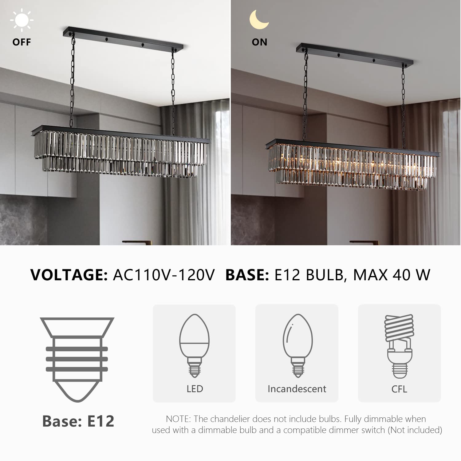 Siljoy L47 Modern Crystal Chandelier - 8-Light Rectangular Kitchen Island Pendant Light with Black Metal Frame & Smoky Gray Crystals - Perfect for Dining Room, Kitchen Island, Foyer Lighting - Elegant Ceiling Fixture for Home Decor