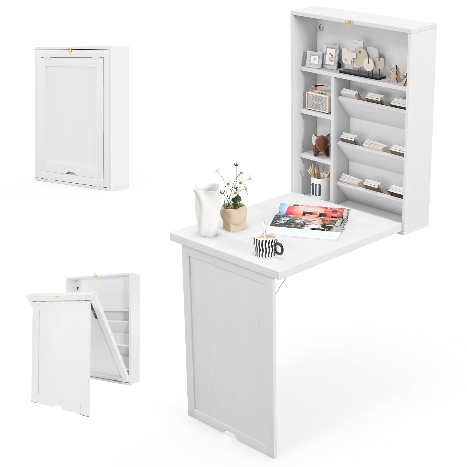 Tangkula Foldable Wall Mounted Desk with Storage Shelves & Hooks - Space Saving Floating Murphy Desk for Small Spaces, Home Office, Dorm Room - Perfect for Compact Living, Study & Workstations