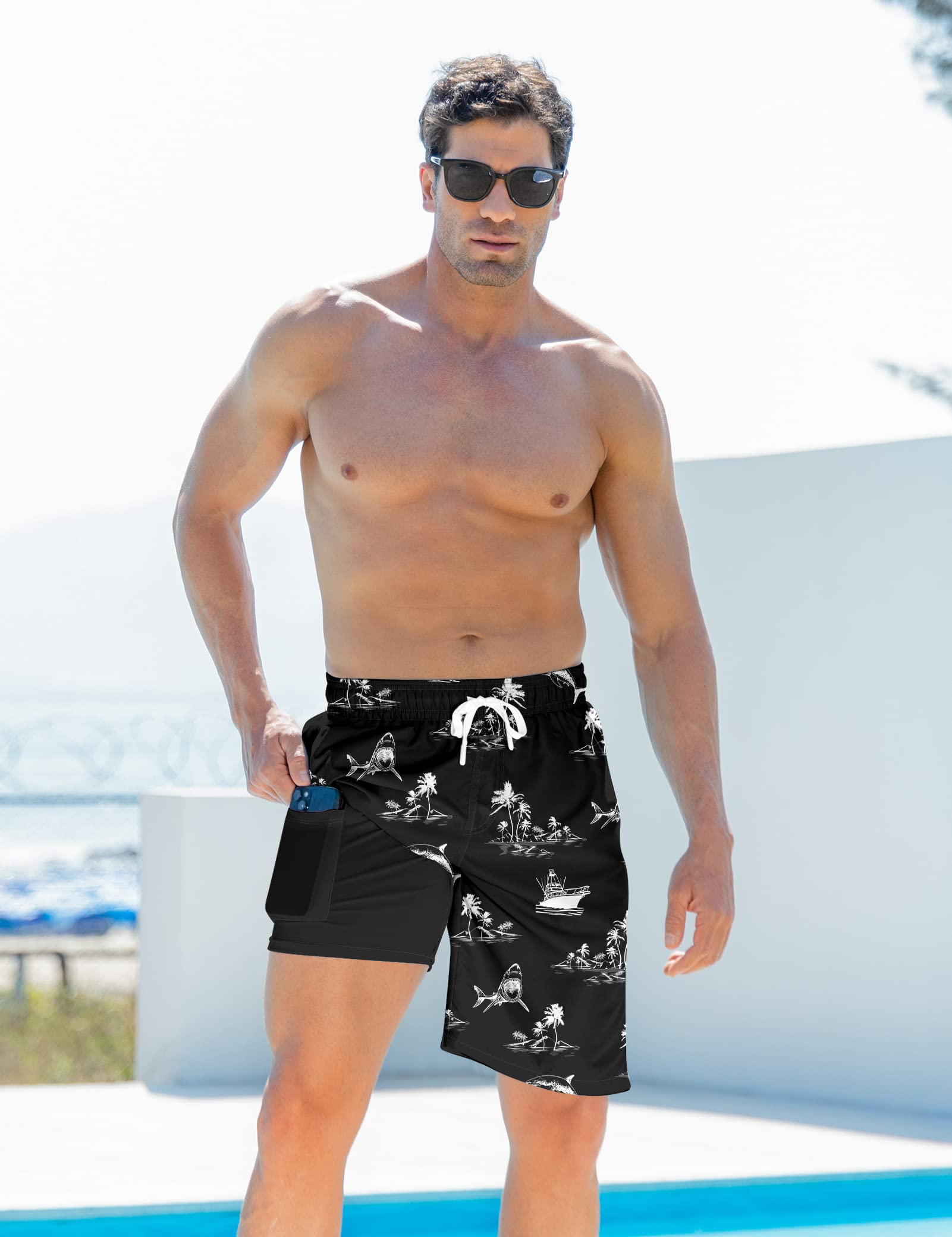Goodstoworld Men's Funny Swim Trunks with Compression Liner - 2-in-1 Quick Dry 9 Inch Stretch Swim Shorts with 3 Pockets for Beach, Pool & Water Sports
