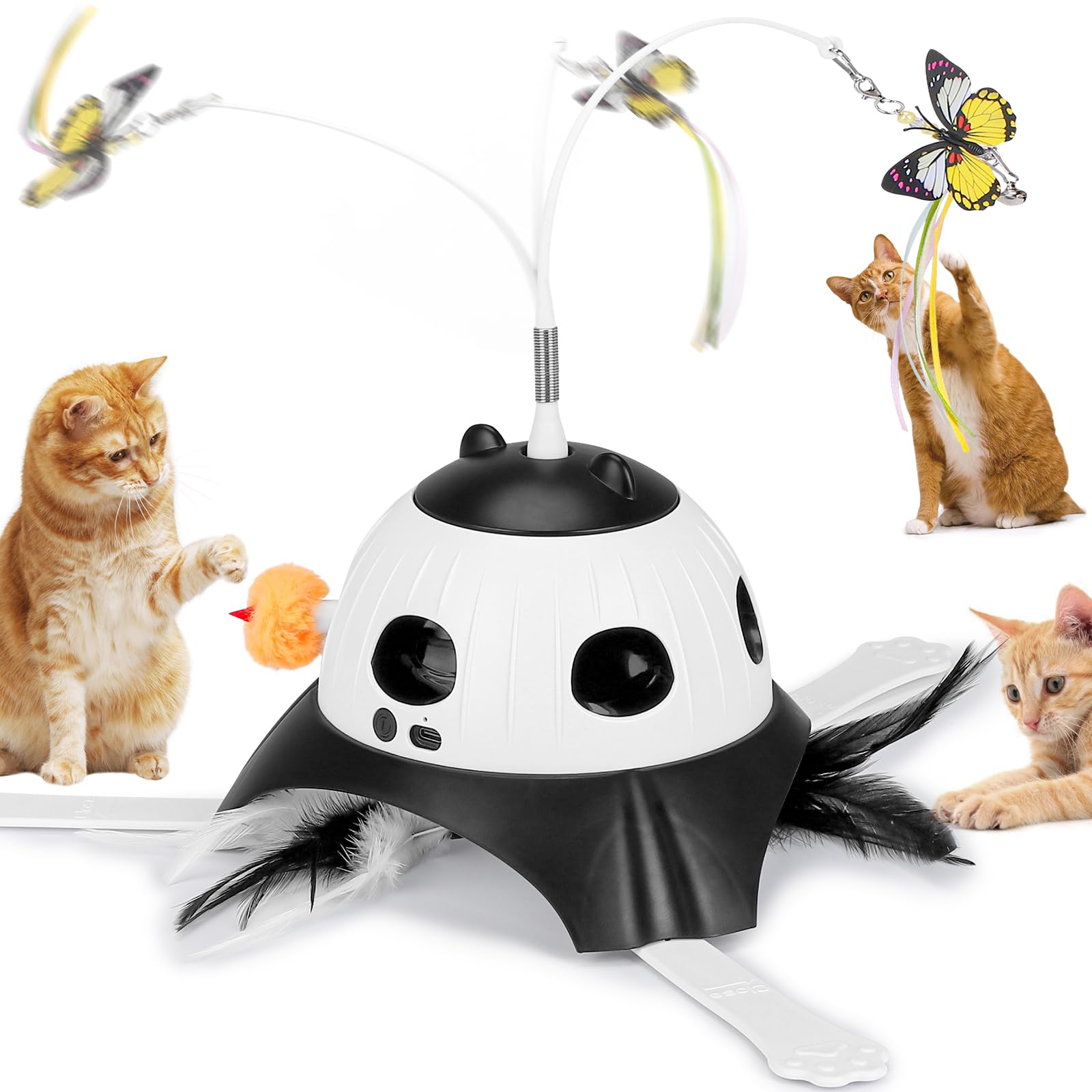 3-in-1 Automatic Cat Toy with Fluttering Butterfly, Whack-a-Mole & Rotating Feather Wand - USB Rechargeable Interactive Cat Toys for Indoor Cats - Perfect for Multi-Cat Households & Playtime (Black)