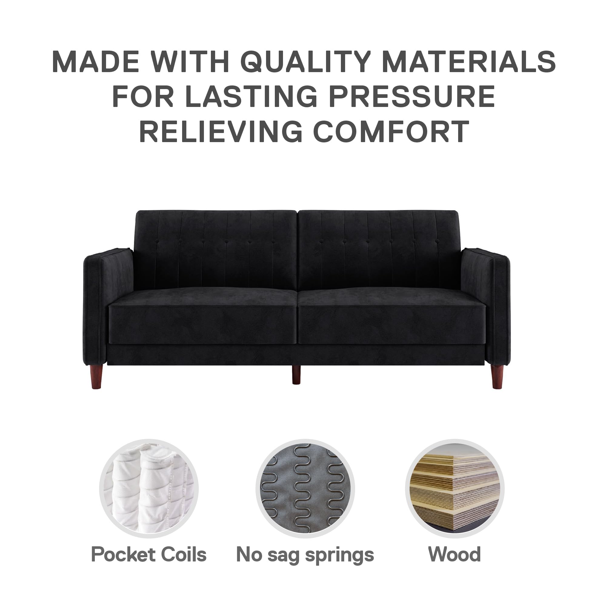 DHP Ivana Tufted Transitional Futon Sofa Bed - Convertible Sleeper with Black Velvet Upholstery for Living Room, Guest Room & Small Spaces