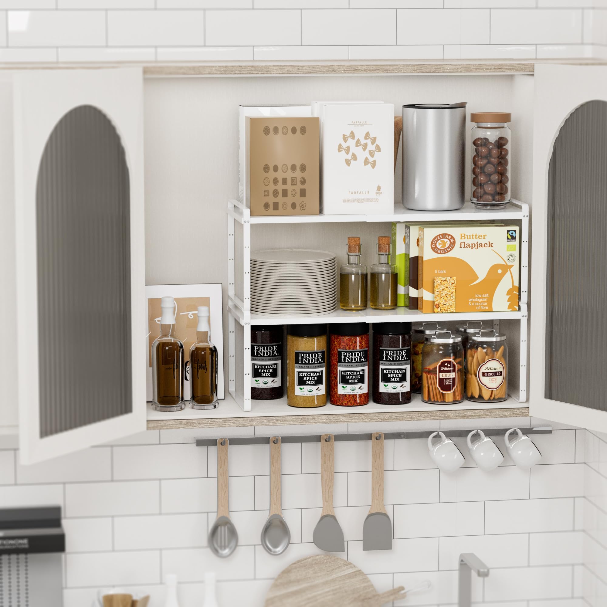 SANNO Expandable Kitchen Shelf Organizer - Large Stackable Counter Shelf for Spices, Pantry & Cupboard Storage - Space Saving White Organizer (1 Pack) - Perfect for Small Kitchens & Cluttered Countertops