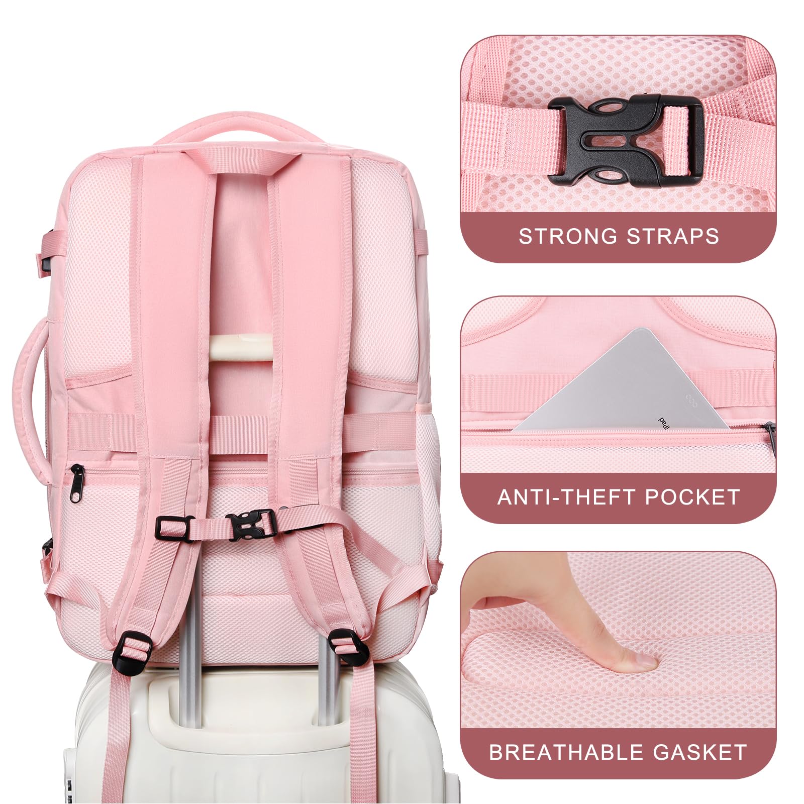 Women's 52L Expandable Travel Backpack - TSA Approved Carry On Luggage with USB Port | Large Flight Approved Business Backpack for Teachers, Commuters & Weekend Trips | Perfect for Air Travel, Work & Daily Use (Pink)