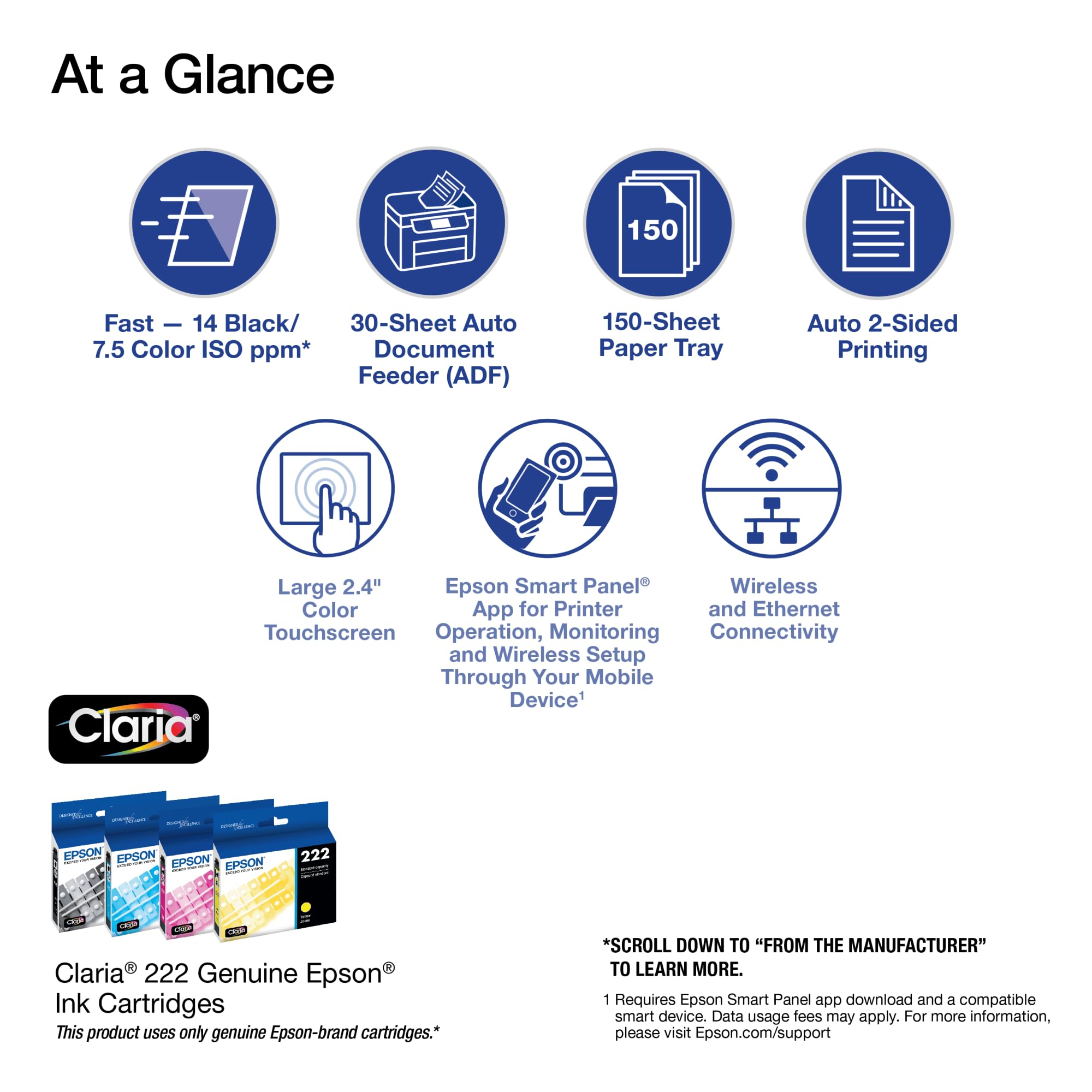 Epson Workforce WF-2960 Wireless All-in-One Printer - Scan, Copy, Fax | Auto Document Feeder & Duplex Printing | 2.4