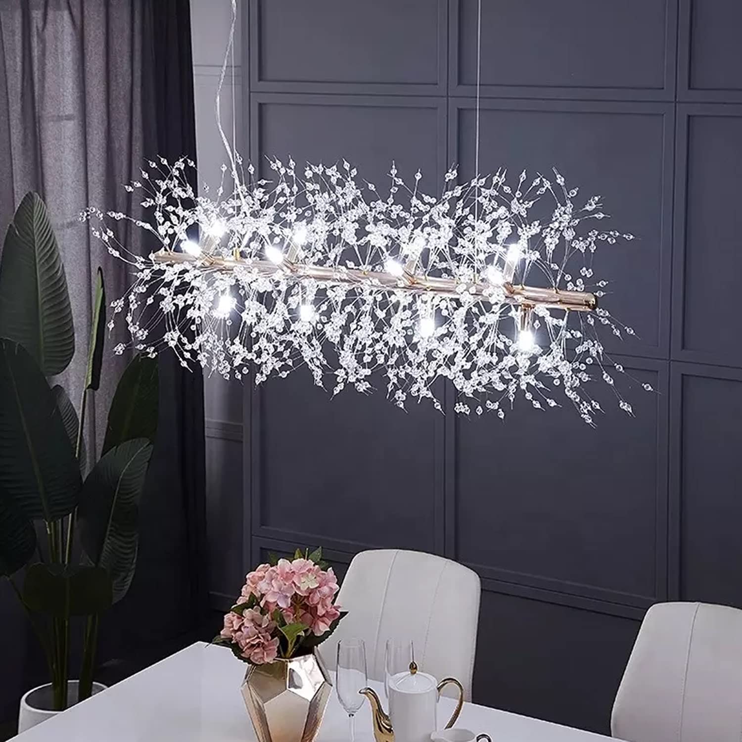 Modern Crystal Firework Chandelier - 12-Light LED Linear Dandelion Pendant Light Fixture in Chrome (35.5